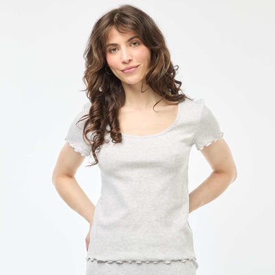 Plain Ribbed Knit Short-Sleeve T-shirt GREY