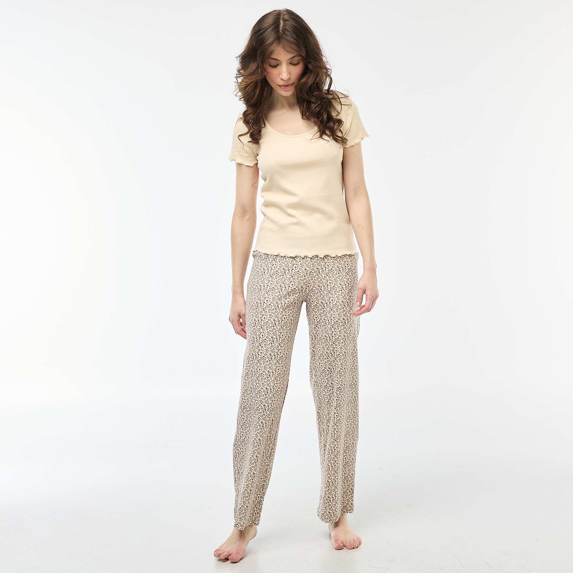 Short-sleeved ribbed knit plain T-shirt WHITE