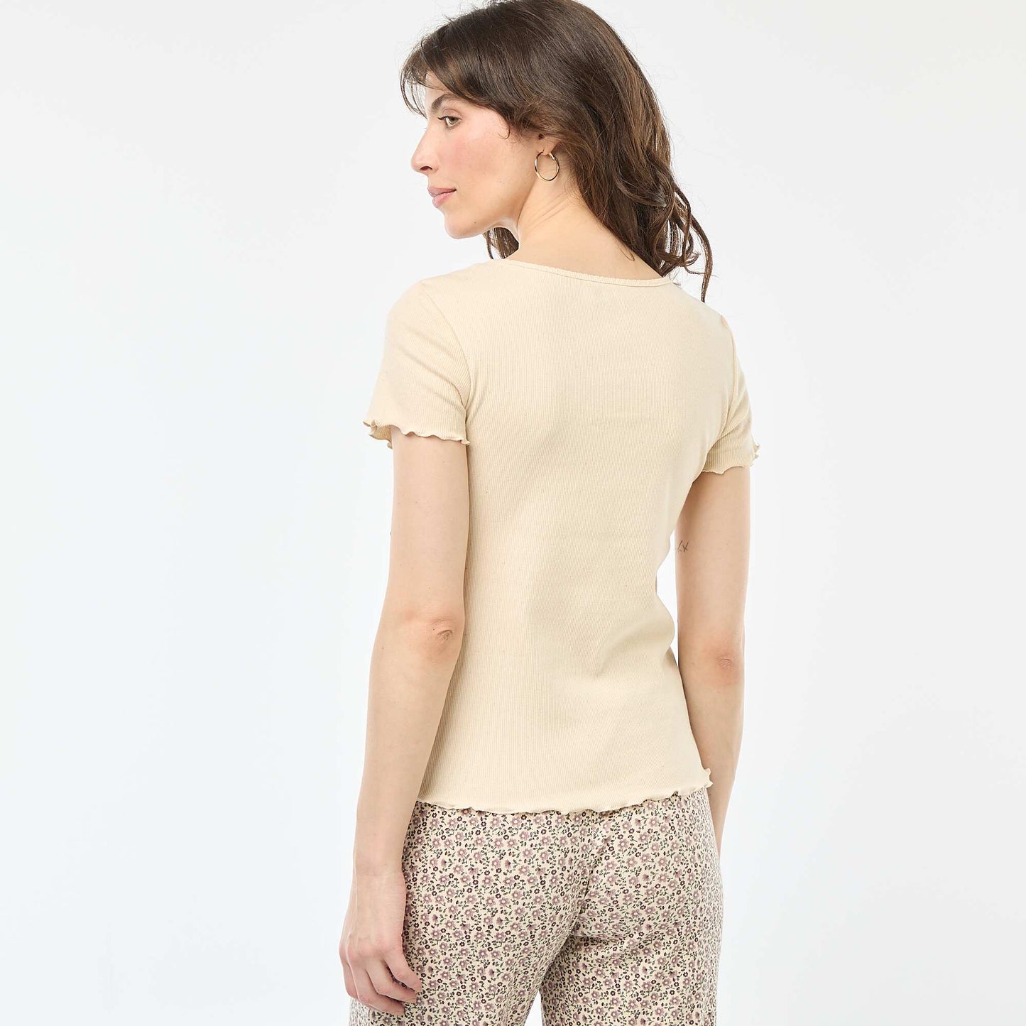 Short-sleeved ribbed knit plain T-shirt WHITE
