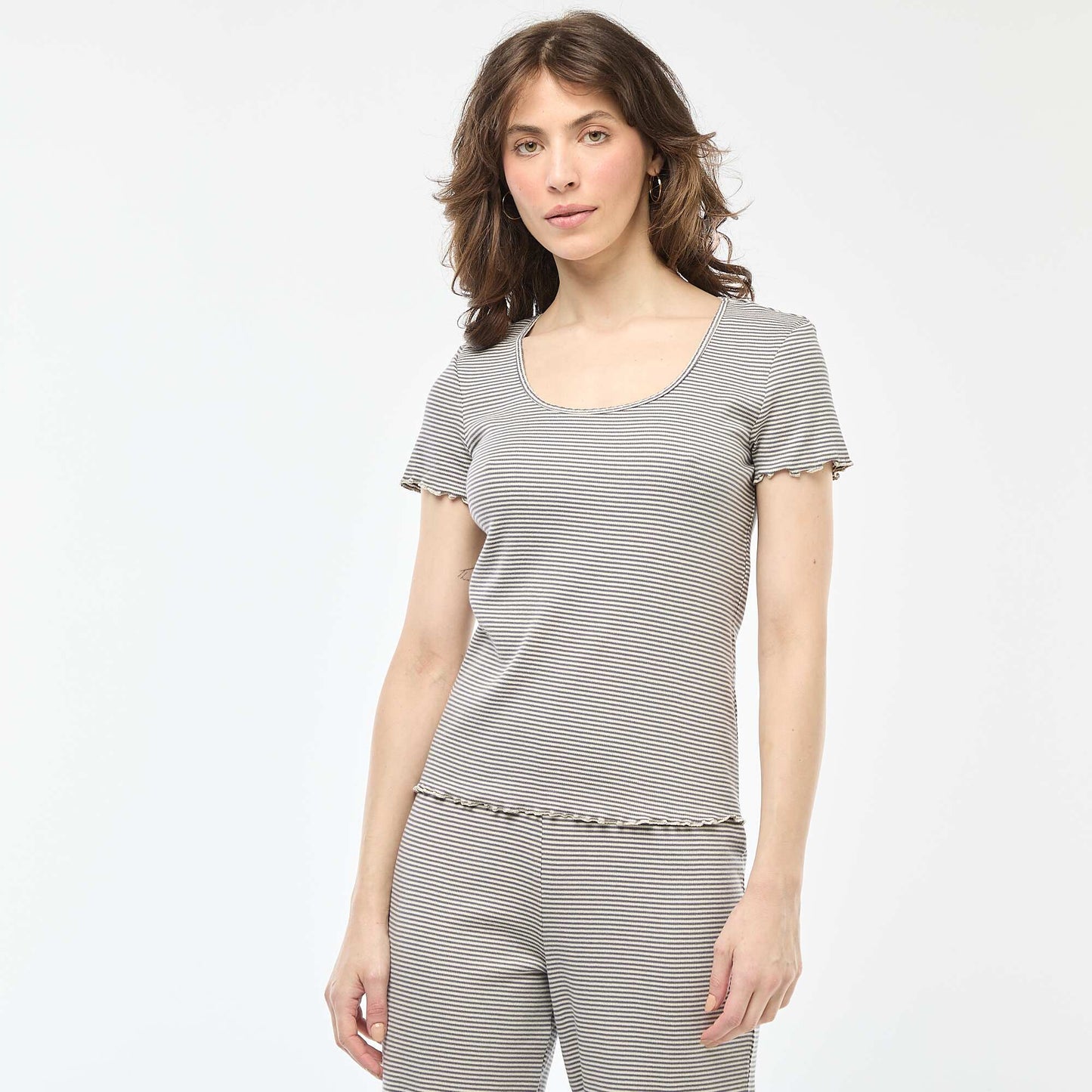 Solid Ribbed Knit Short-Sleeve T-Shirt BLUE