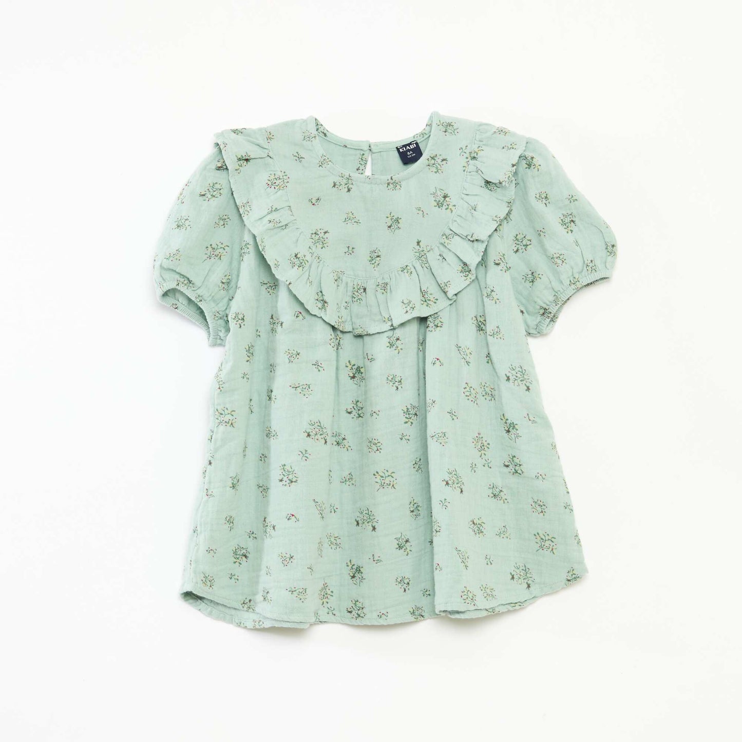 Round Neck Blouse with Ruffled Bib GREEN