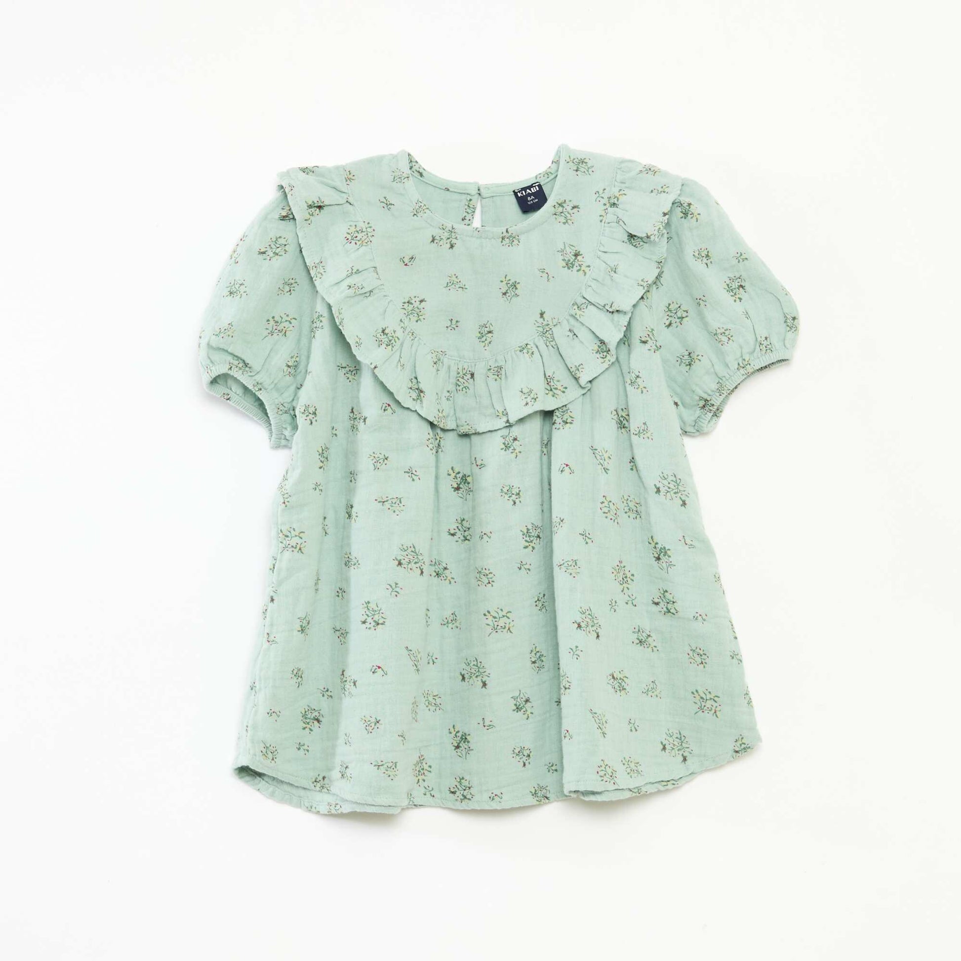 Round Neck Blouse with Ruffled Bib GREEN