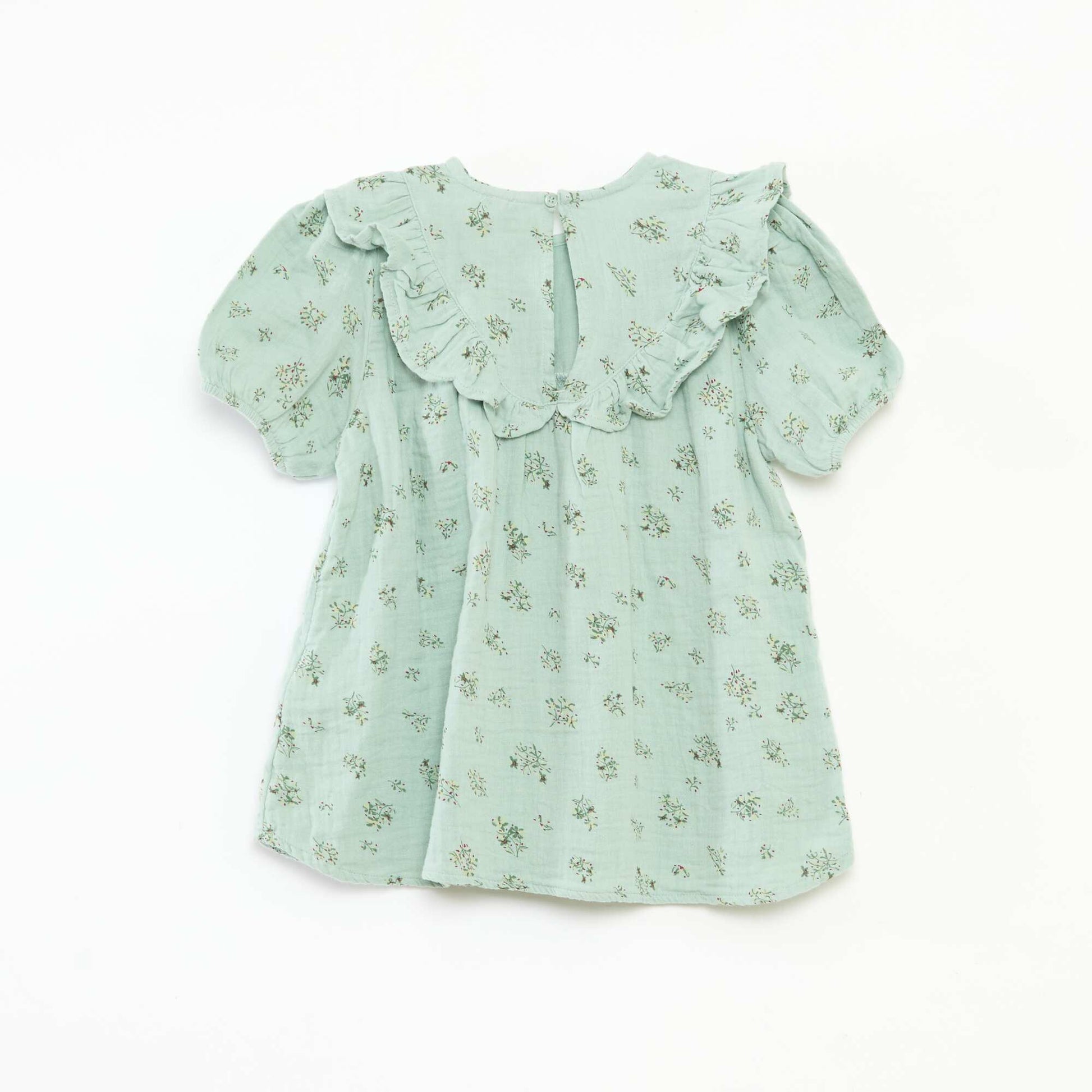Round Neck Blouse with Ruffled Bib GREEN