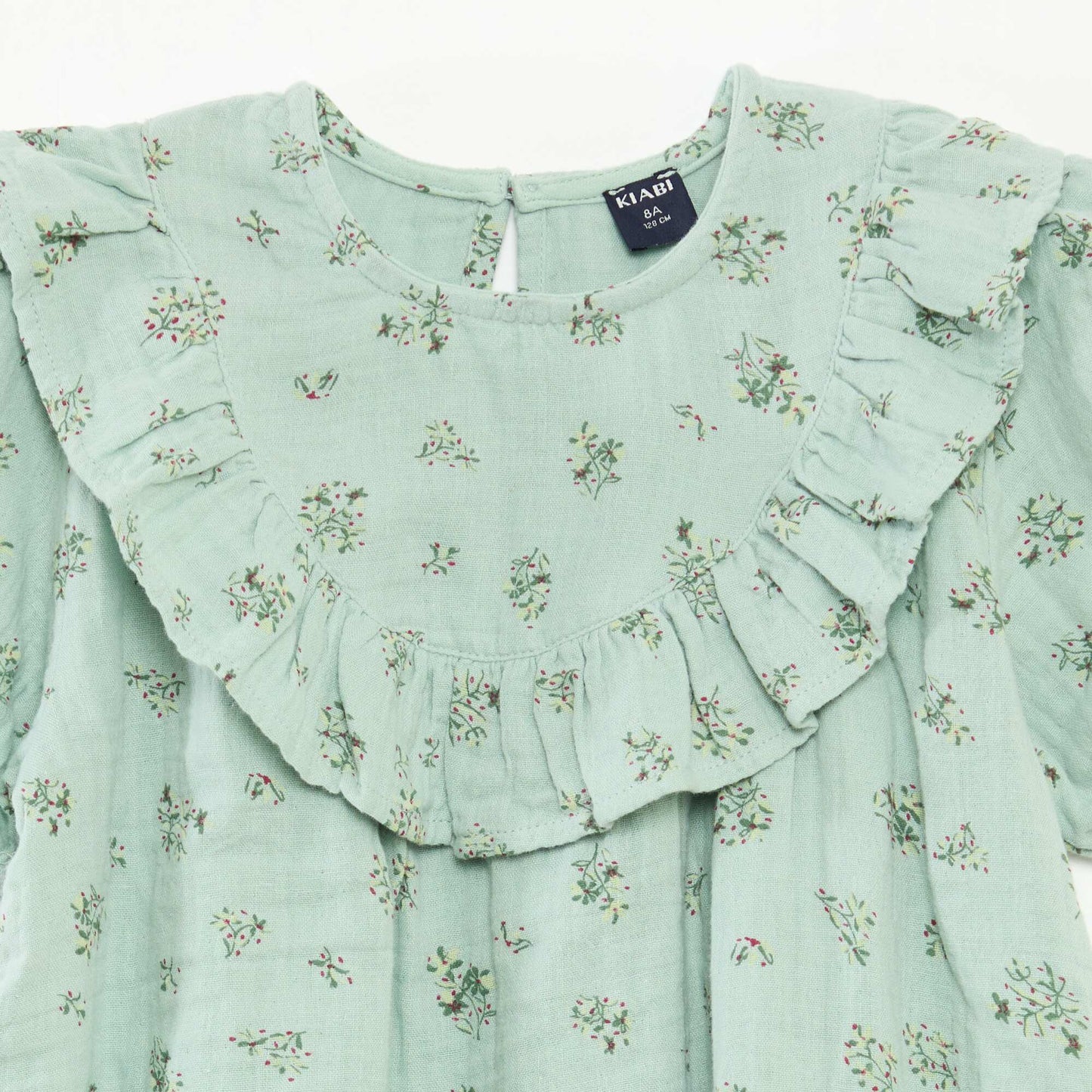 Round Neck Blouse with Ruffled Bib GREEN