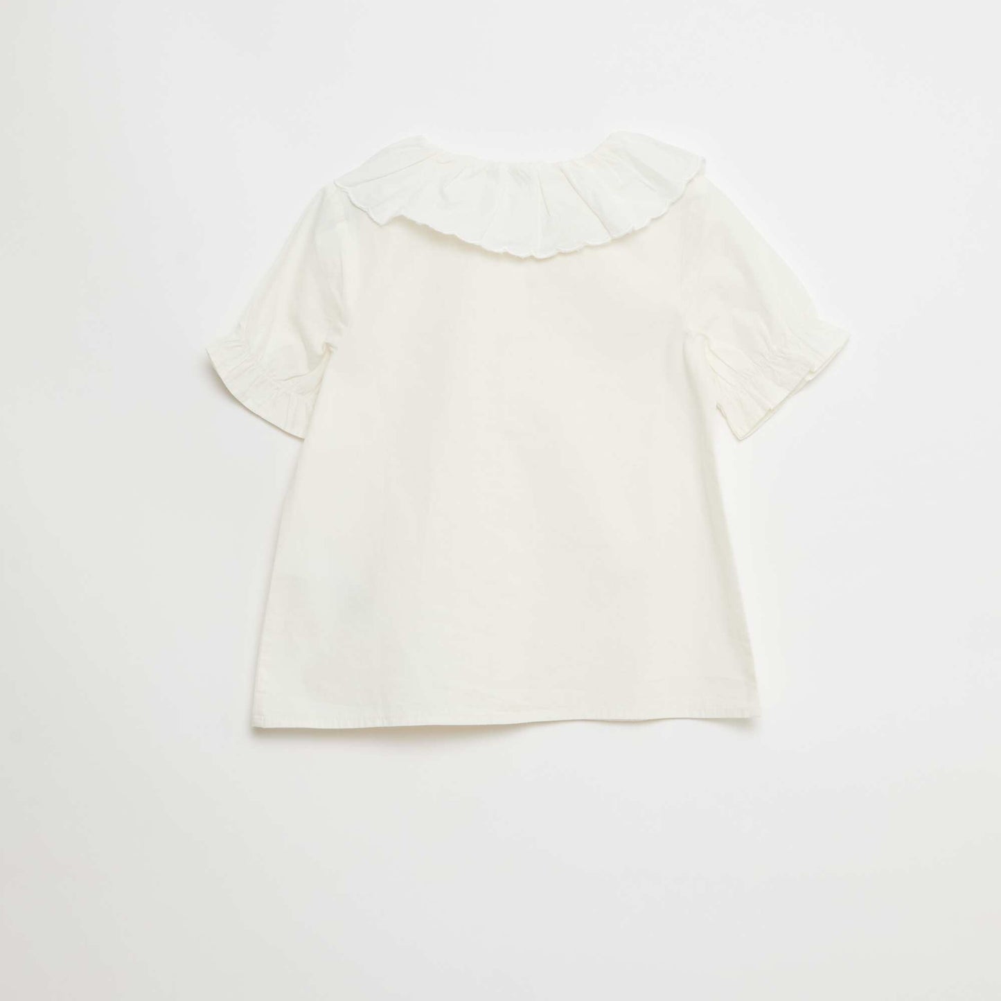Plain Cotton Blouse with Ruffled Collar WHITE