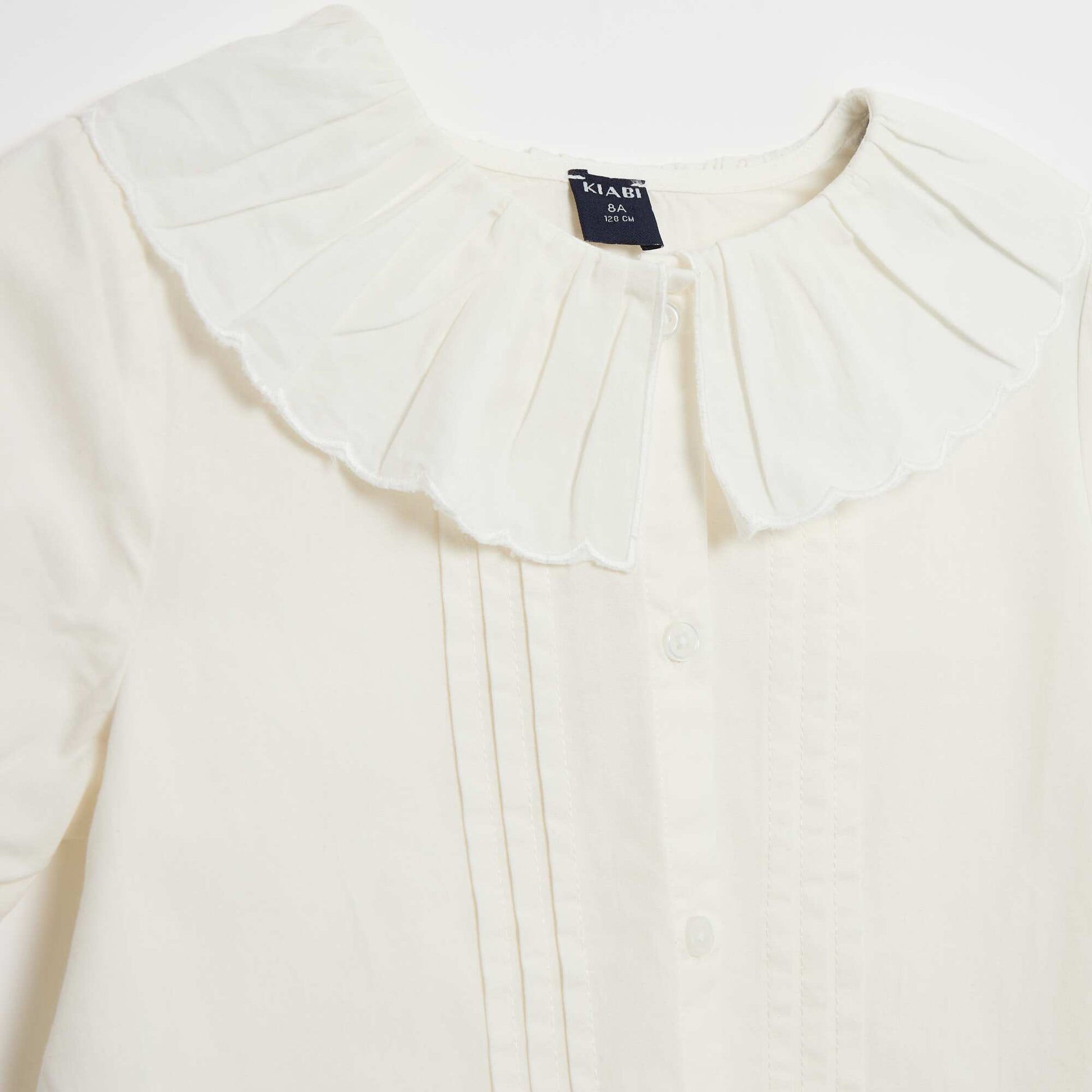 Plain Cotton Blouse with Ruffled Collar WHITE