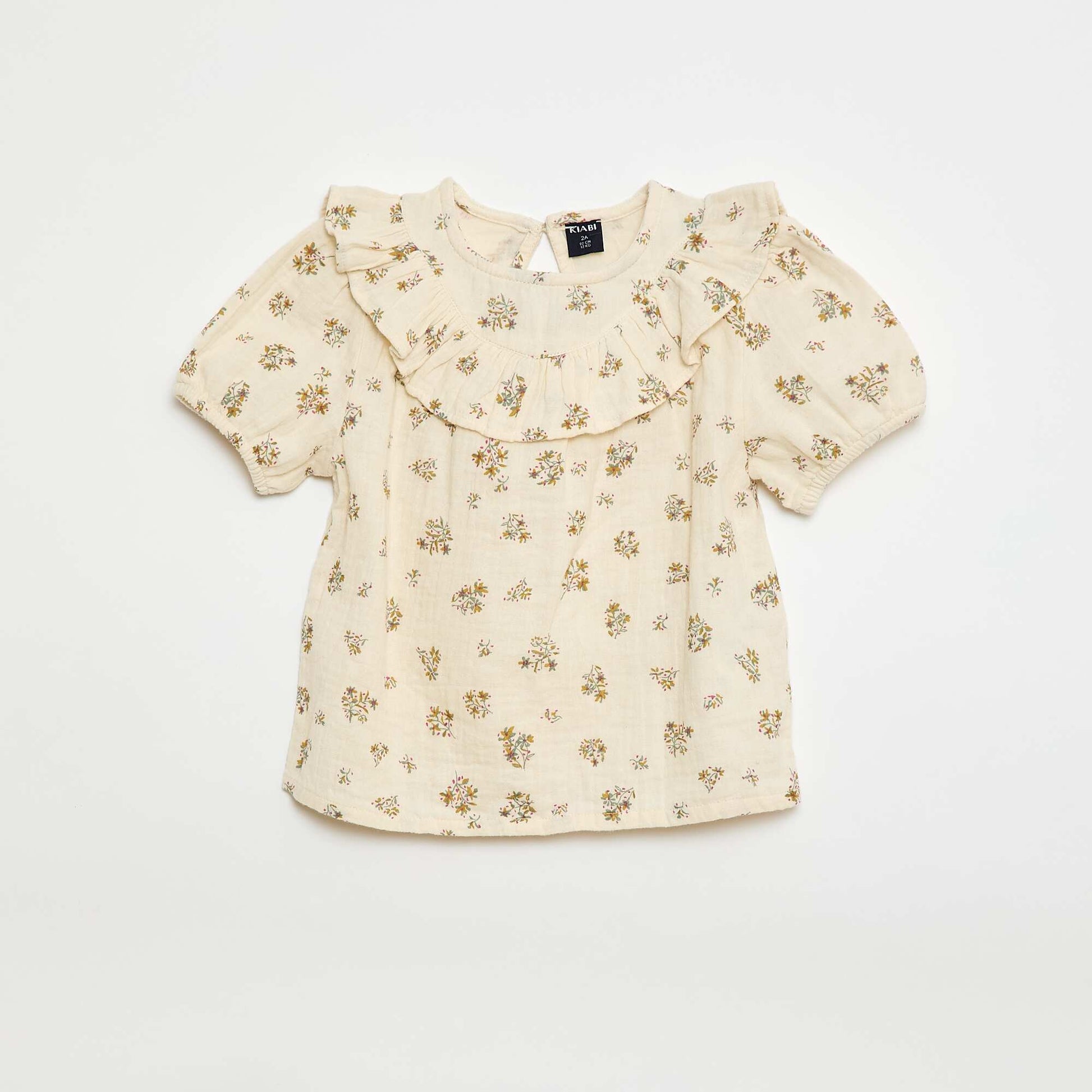 Short-Sleeve Cotton Gauze Print Blouse BEIGE