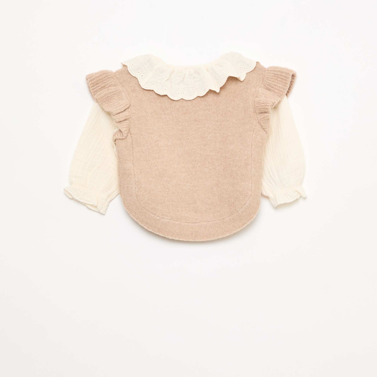 2-in-1 Sweater with Broderie Anglaise Collar BEIGE