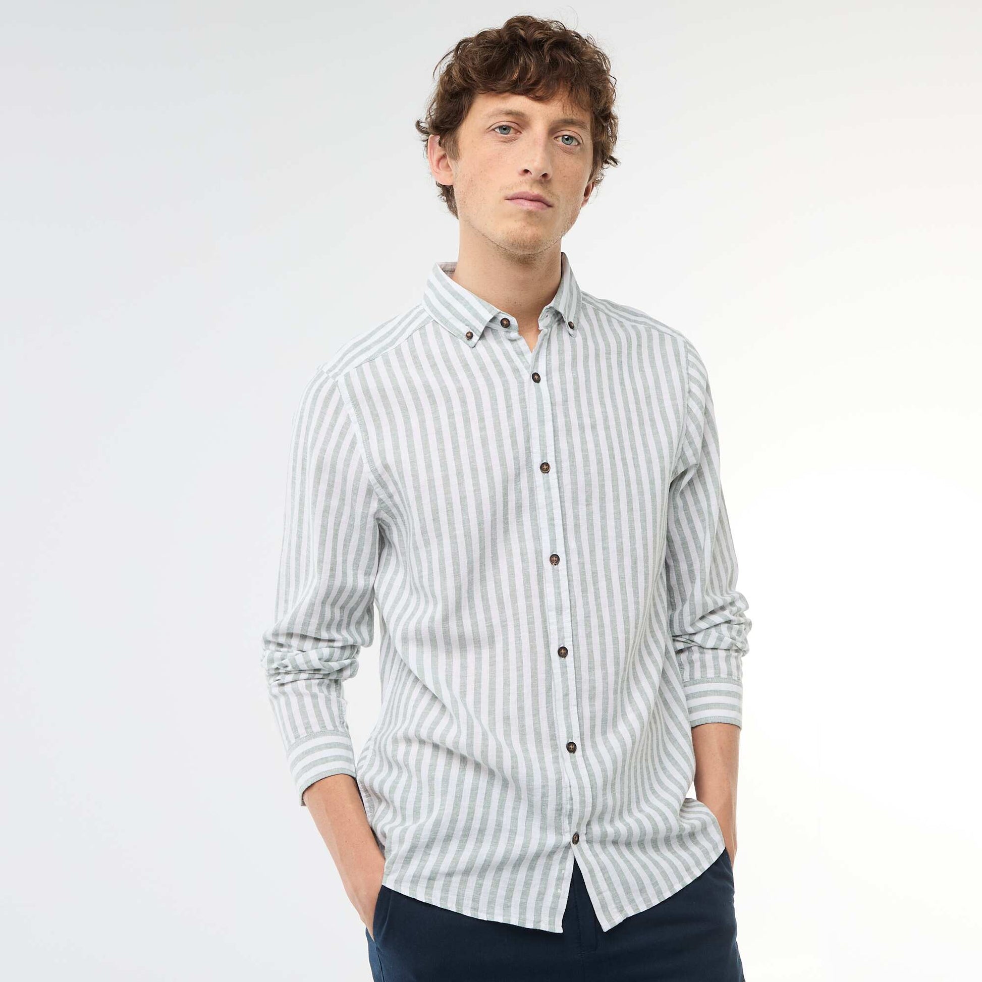 Striped Linen and Cotton Shirt GREEN