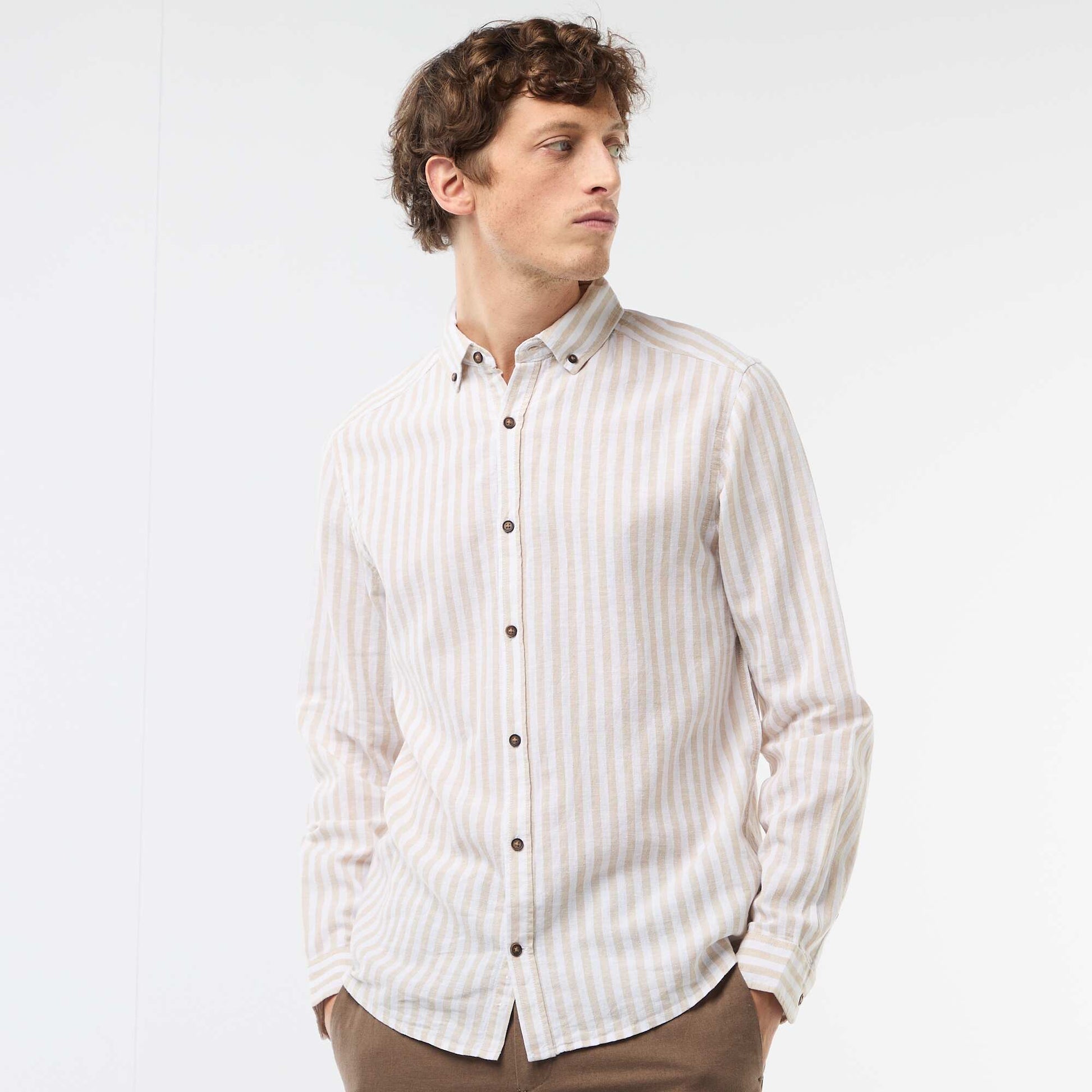 Striped Linen and Cotton Shirt BEIGE