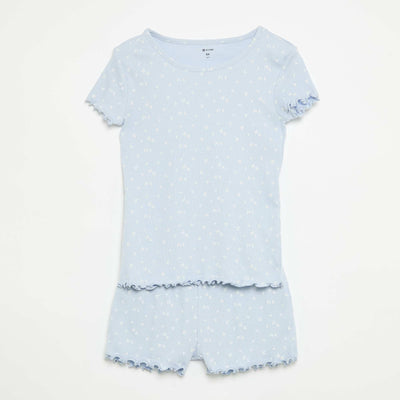 Cotton Ribbed Knit Pajama Top and Shorts Set BLUE