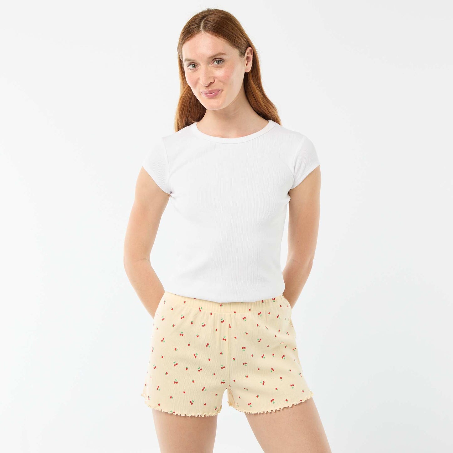 Cherry Print Cotton Pajama Shorts YELLOW
