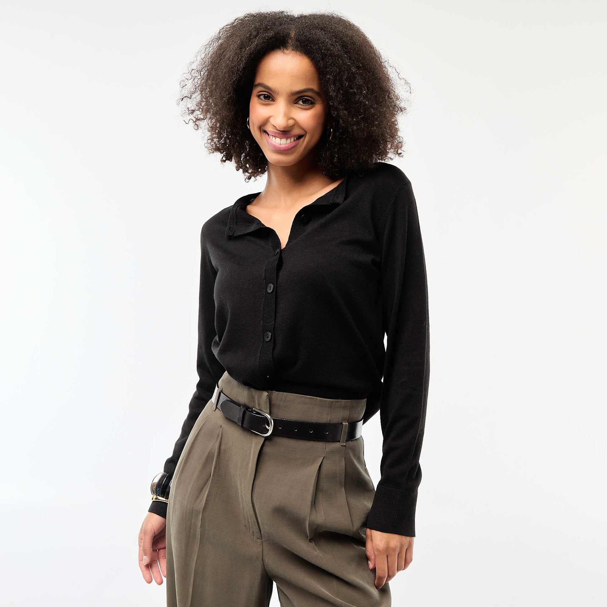 Plain Round Neck Cardigan BLACK