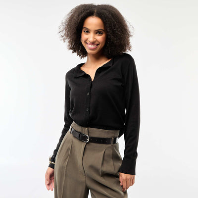 Plain Round Neck Cardigan BLACK