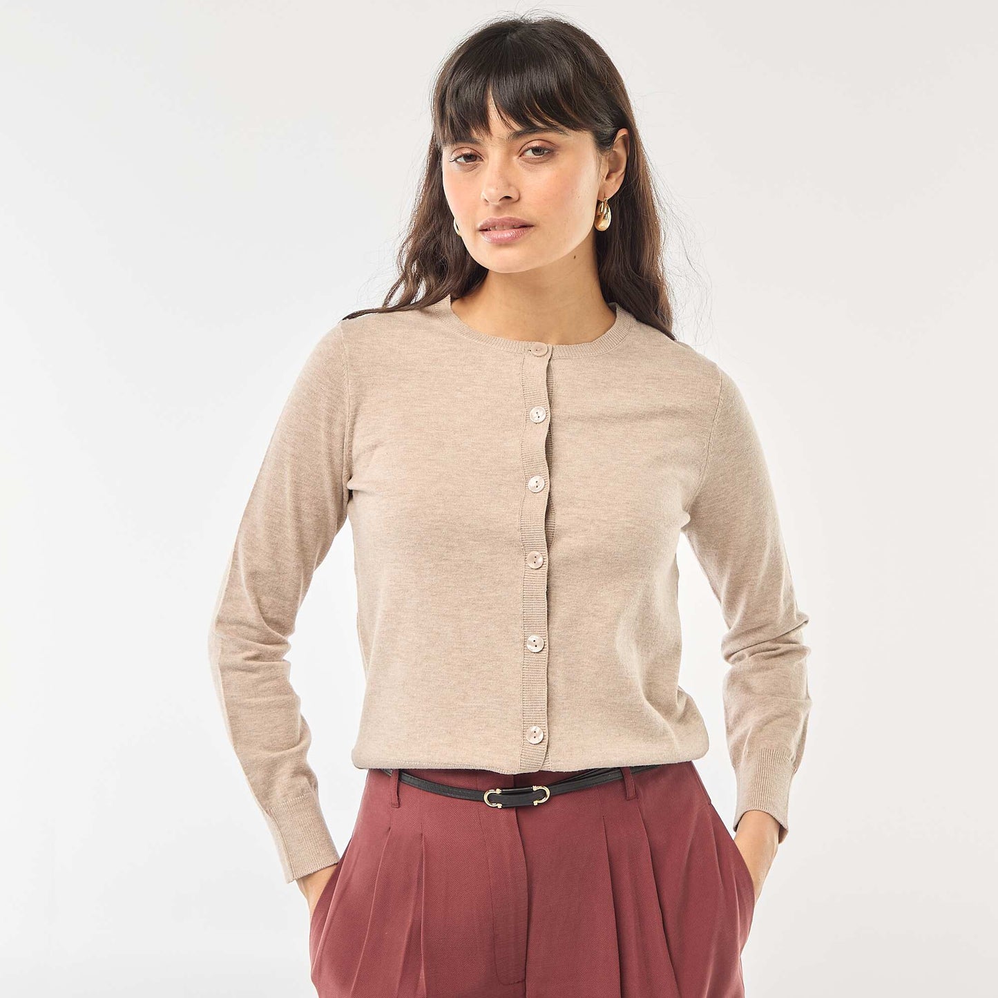 Plain Knit Cardigan with Round Neck BEIGE