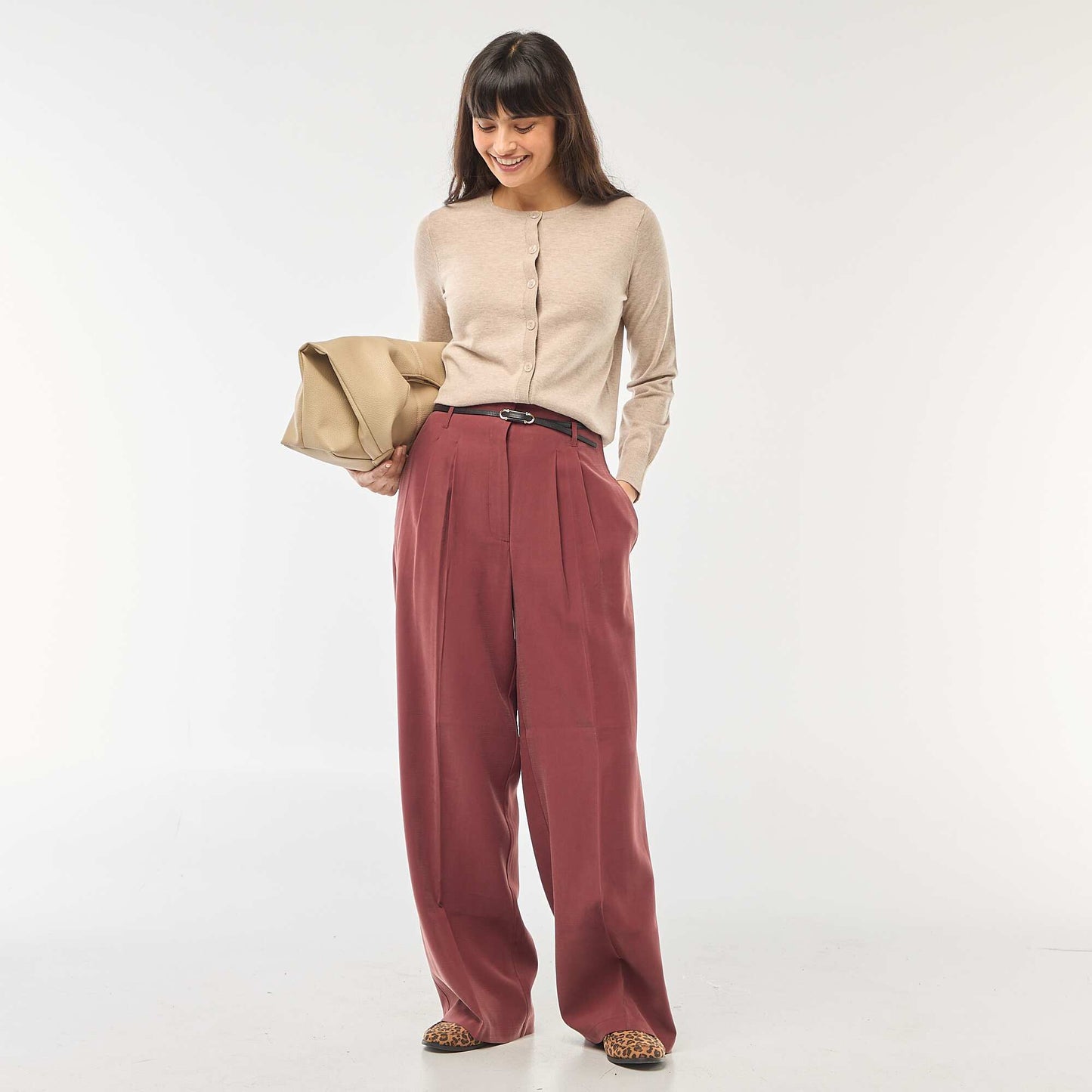 Plain Knit Cardigan with Round Neck BEIGE
