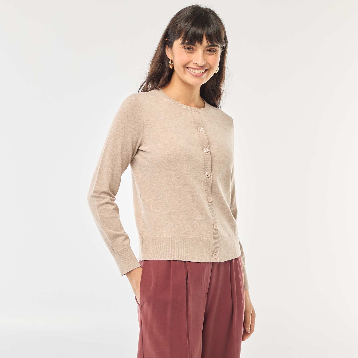 Plain Knit Cardigan with Round Neck BEIGE