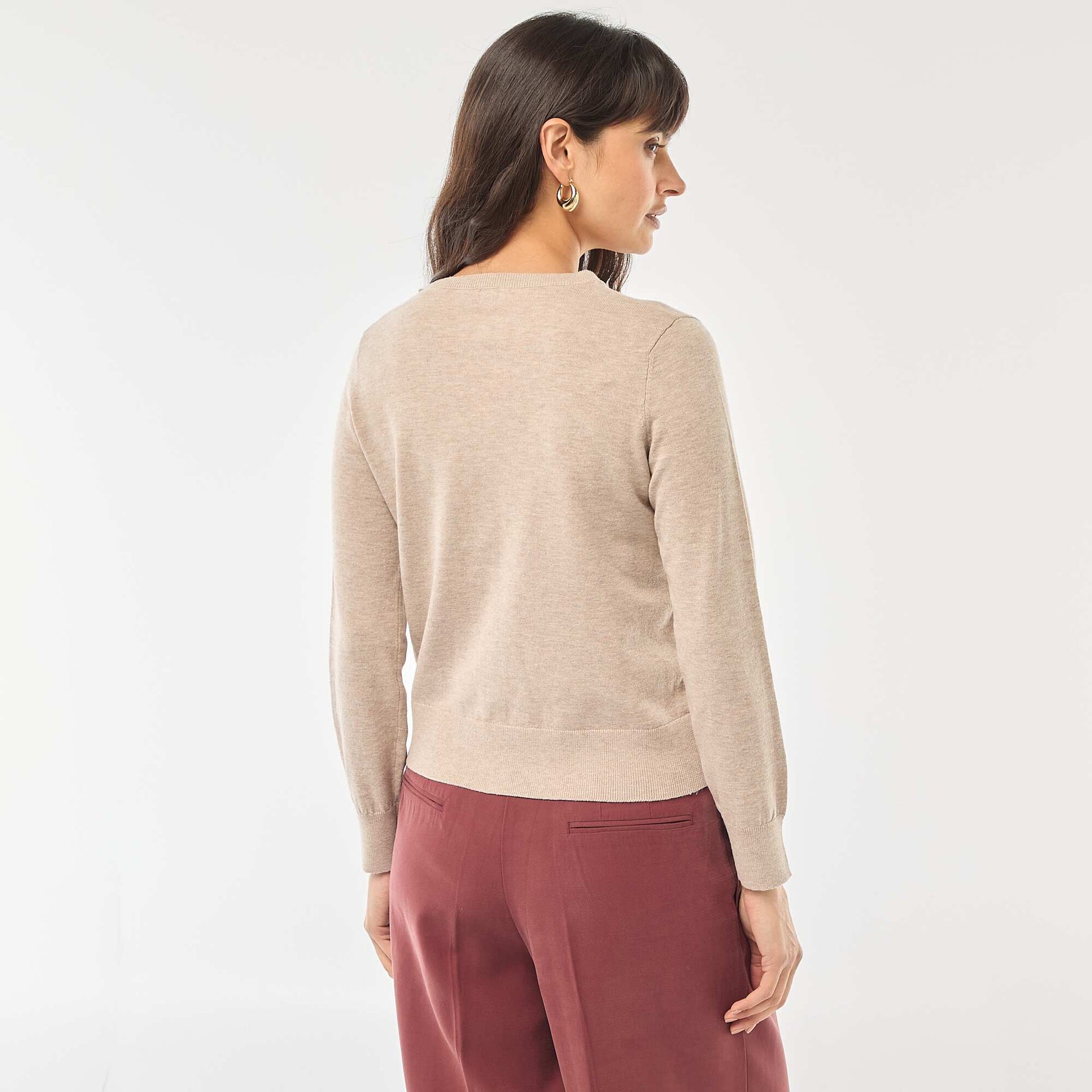 Plain Knit Cardigan with Round Neck BEIGE