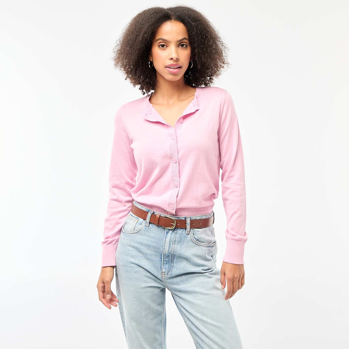 Plain knit cardigan with round neck PINK