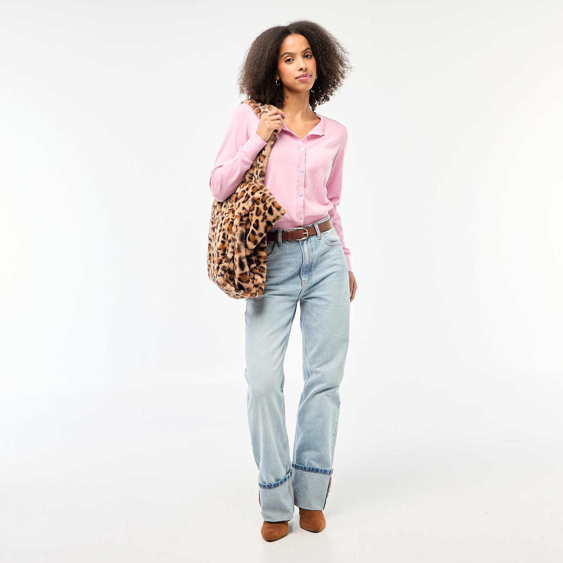Plain knit cardigan with round neck PINK