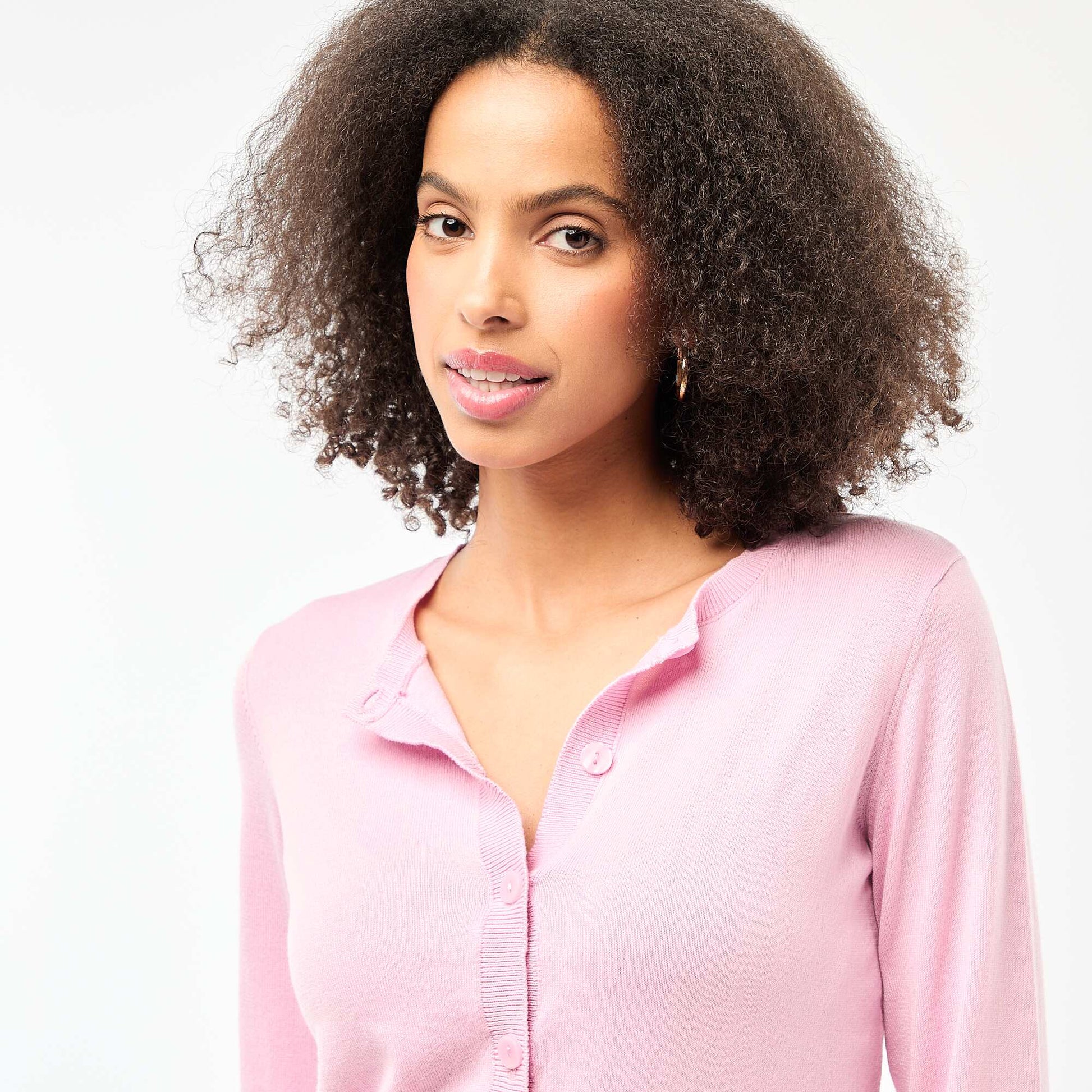 Plain knit cardigan with round neck PINK