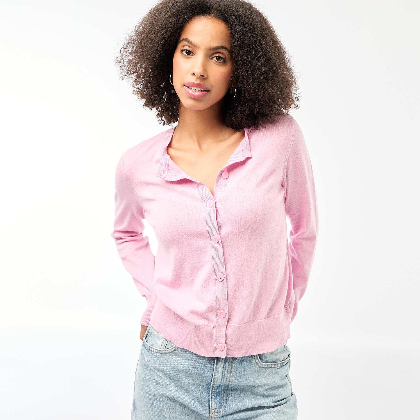 Plain knit cardigan with round neck PINK