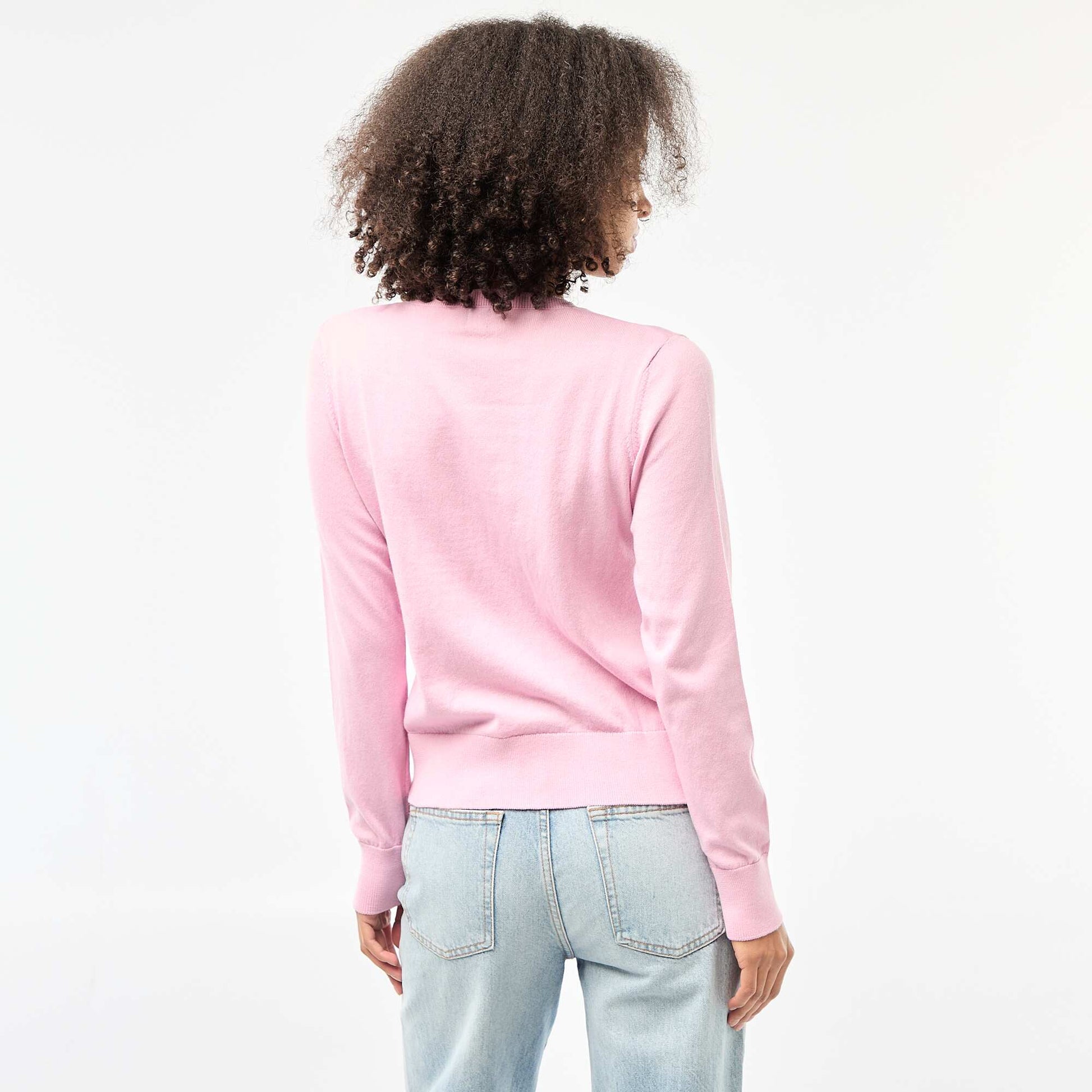 Plain knit cardigan with round neck PINK