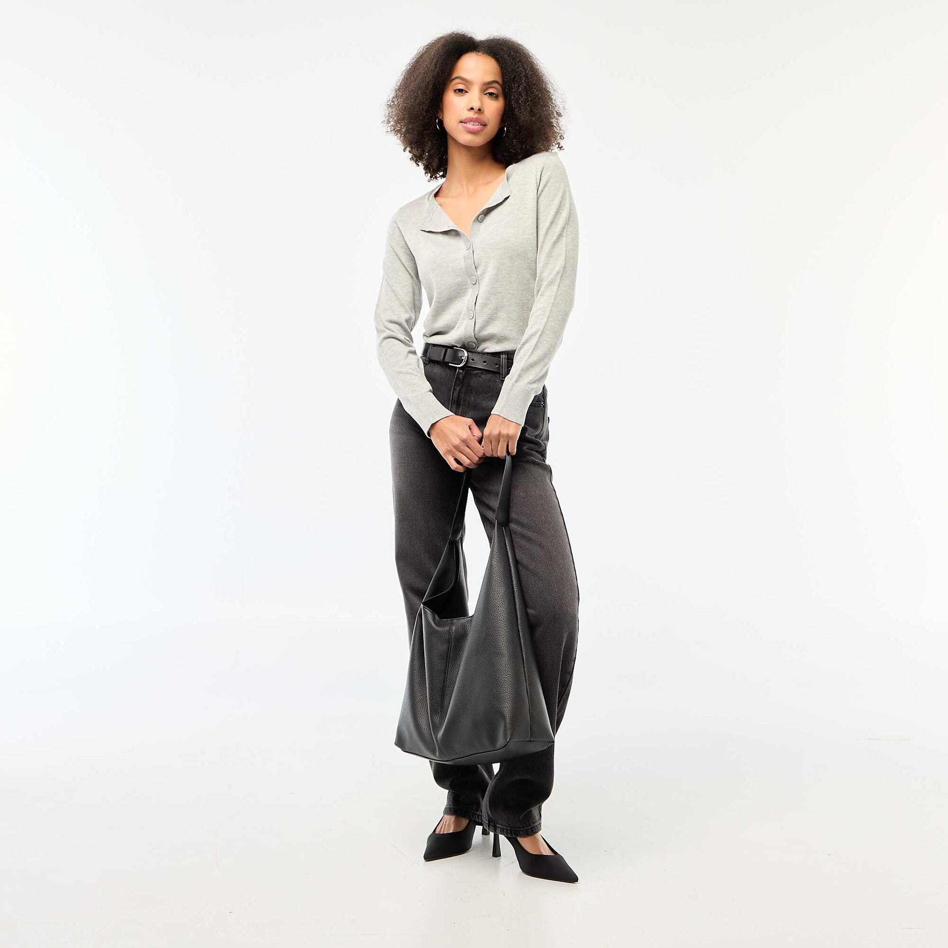 Solid Color Crew Neck Cardigan GREY