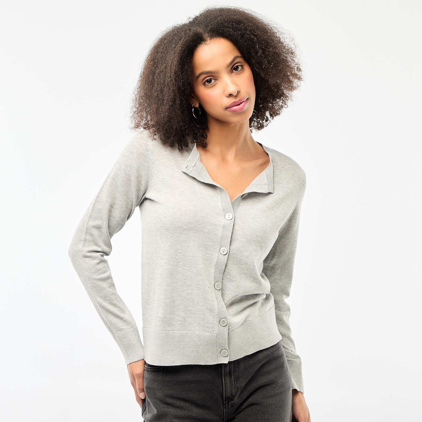 Solid Color Crew Neck Cardigan GREY