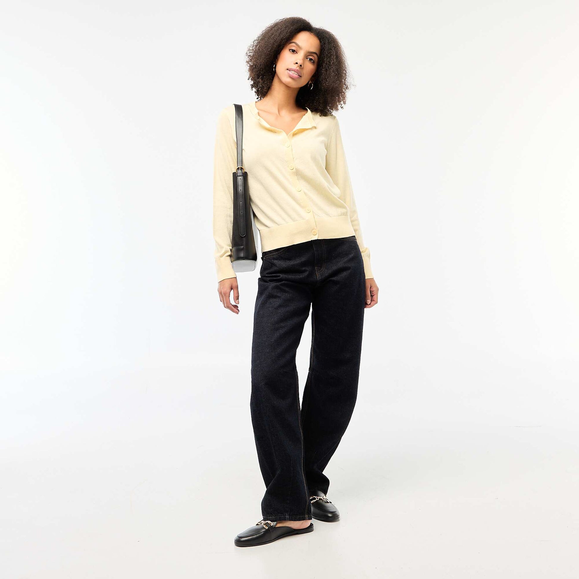 Plain Knit Cardigan with Round Neck YELLOW