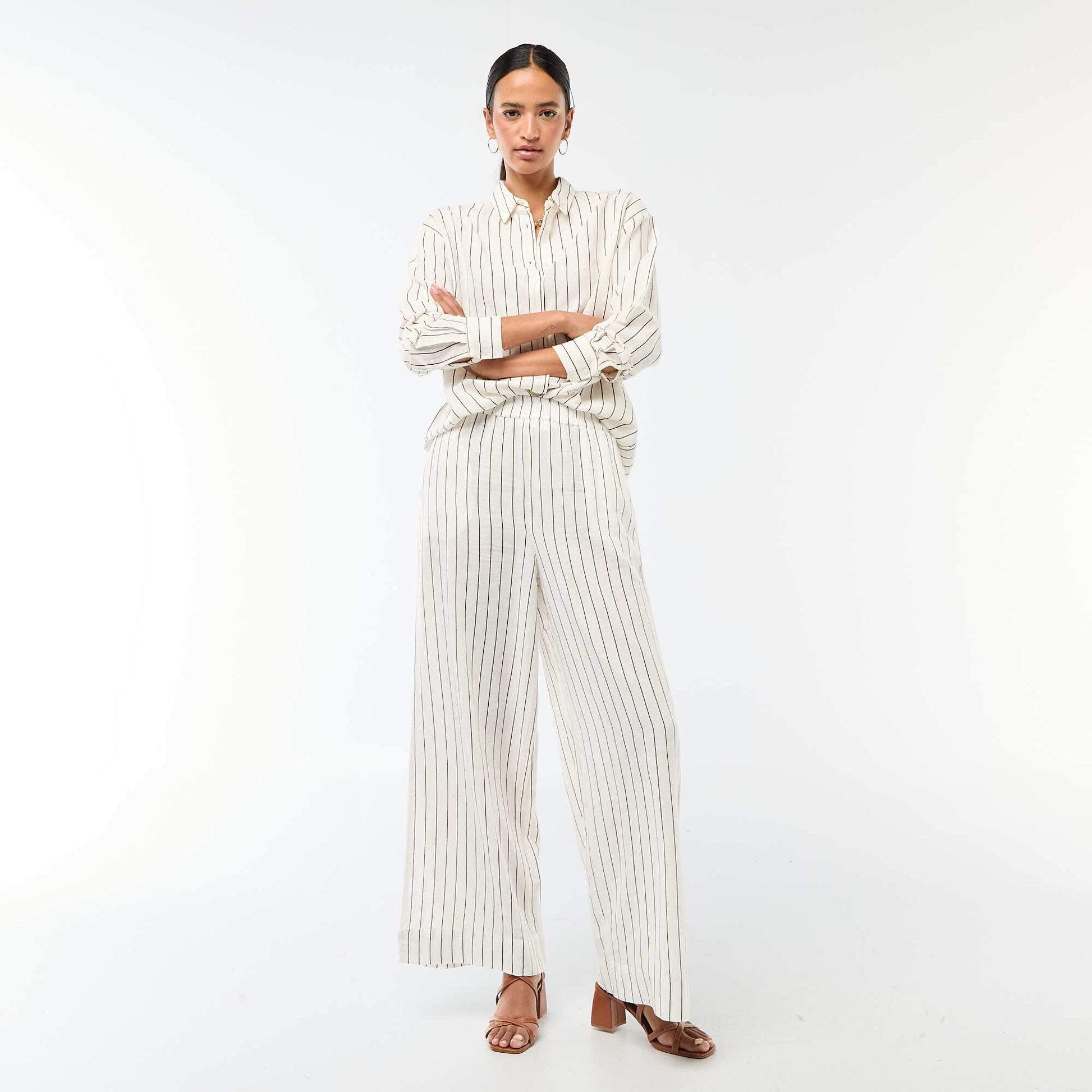 Mixed Linen Palazzo Pants WHITE