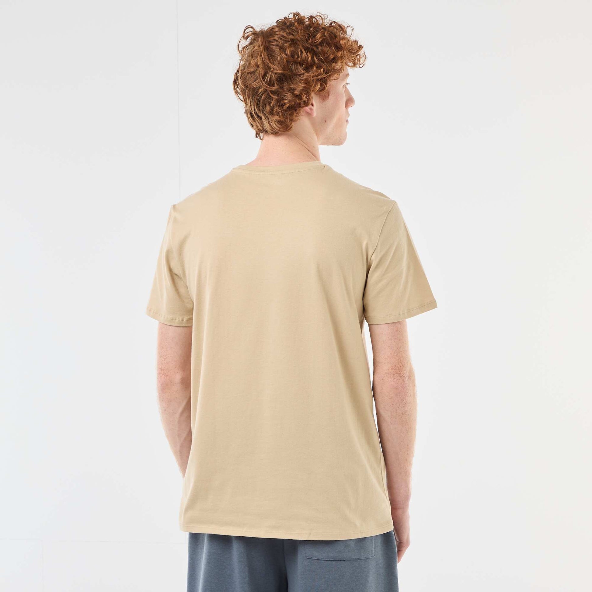 Solid Cotton Placement Print T-Shirt BEIGE