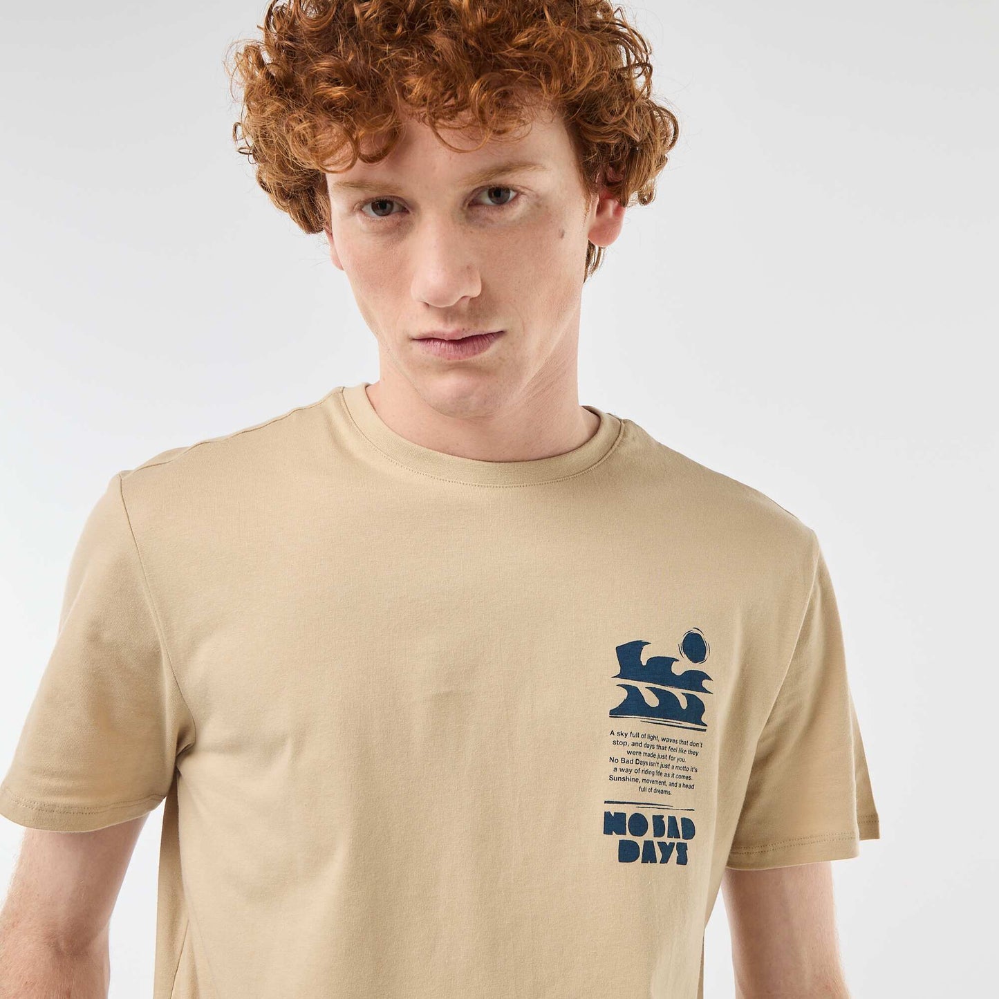 Solid Cotton Placement Print T-Shirt BEIGE