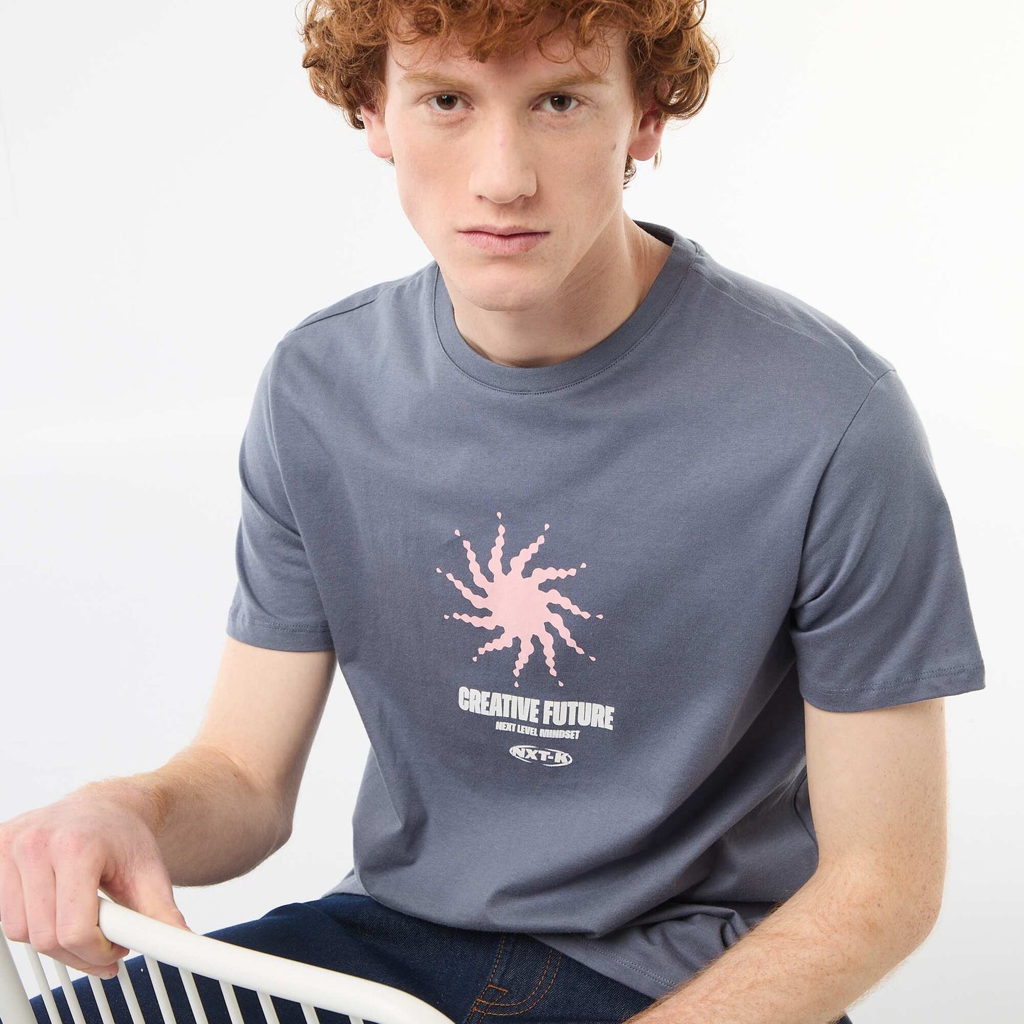 Solid Cotton Placement Print T-Shirt GREY