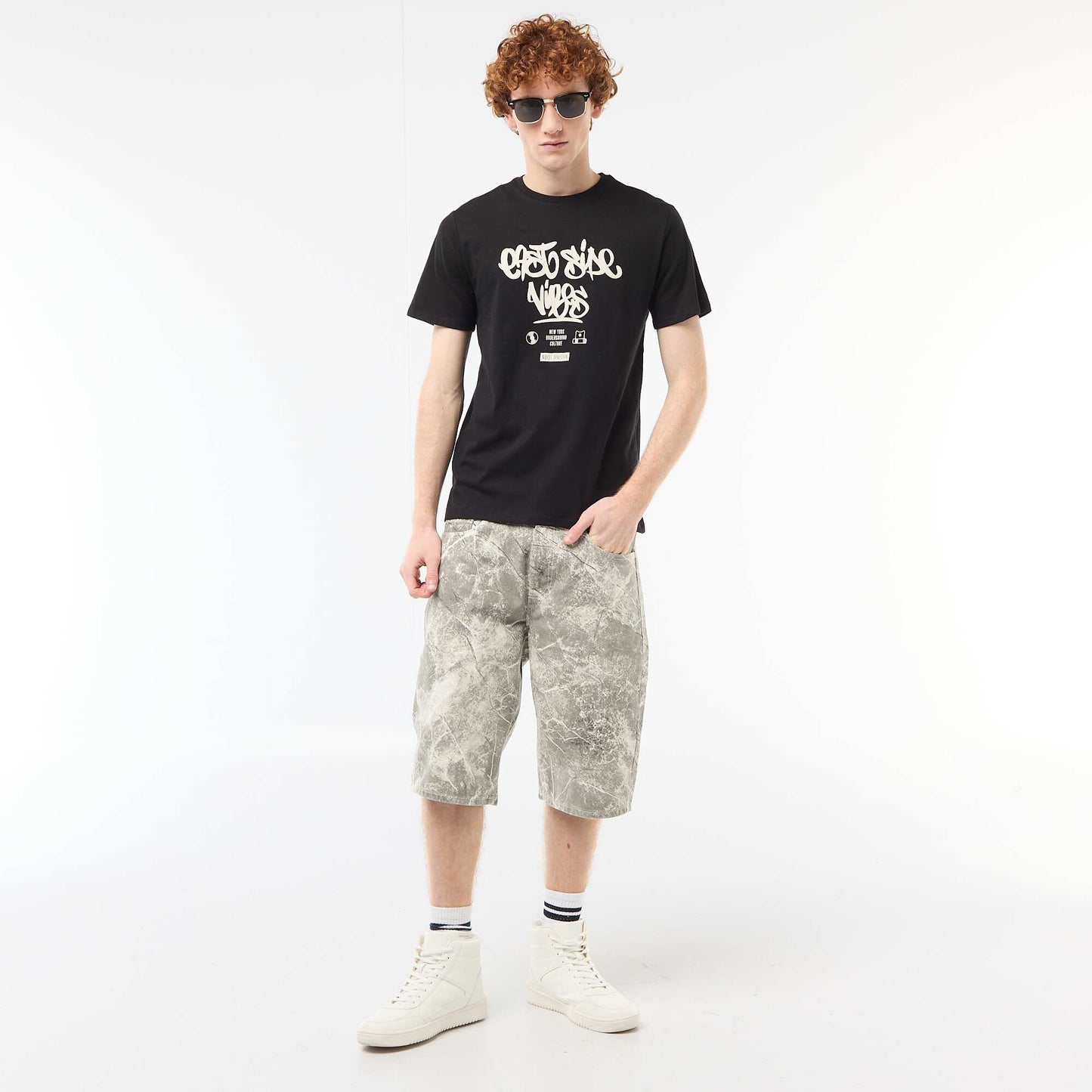 Solid Cotton Placement Print T-Shirt BLACK