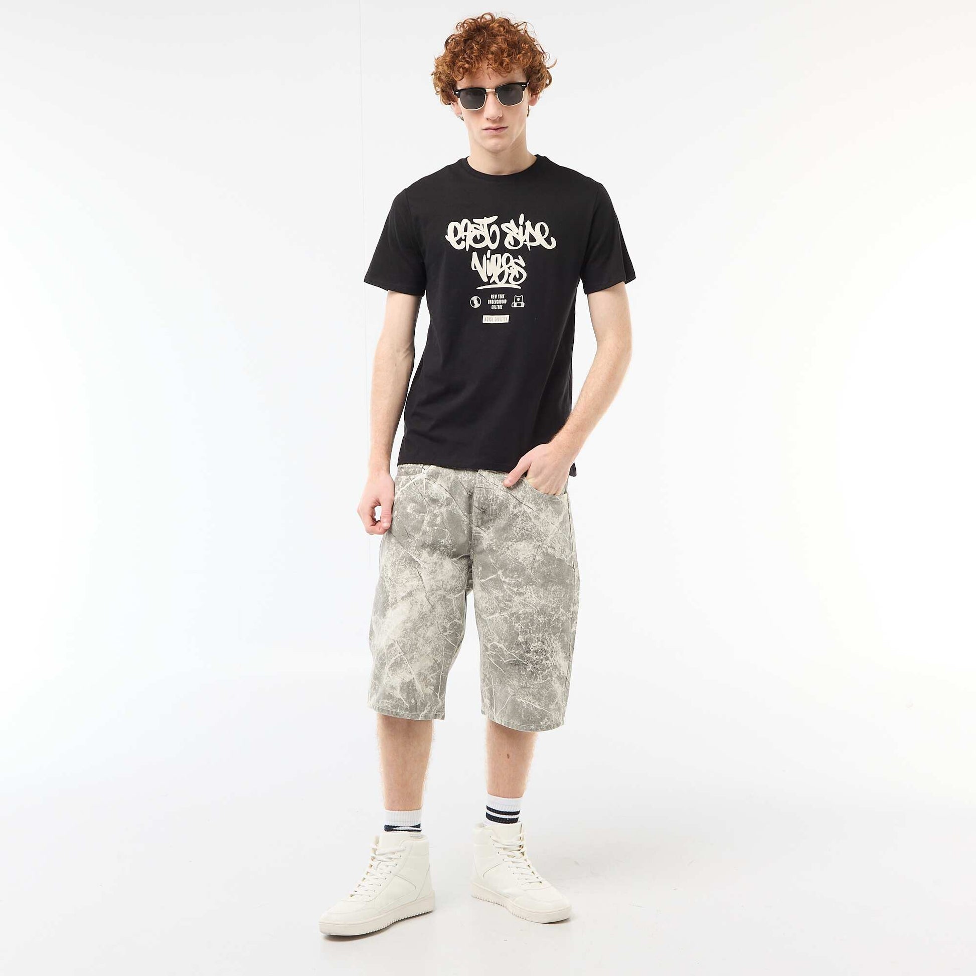 Solid Cotton Placement Print T-Shirt BLACK
