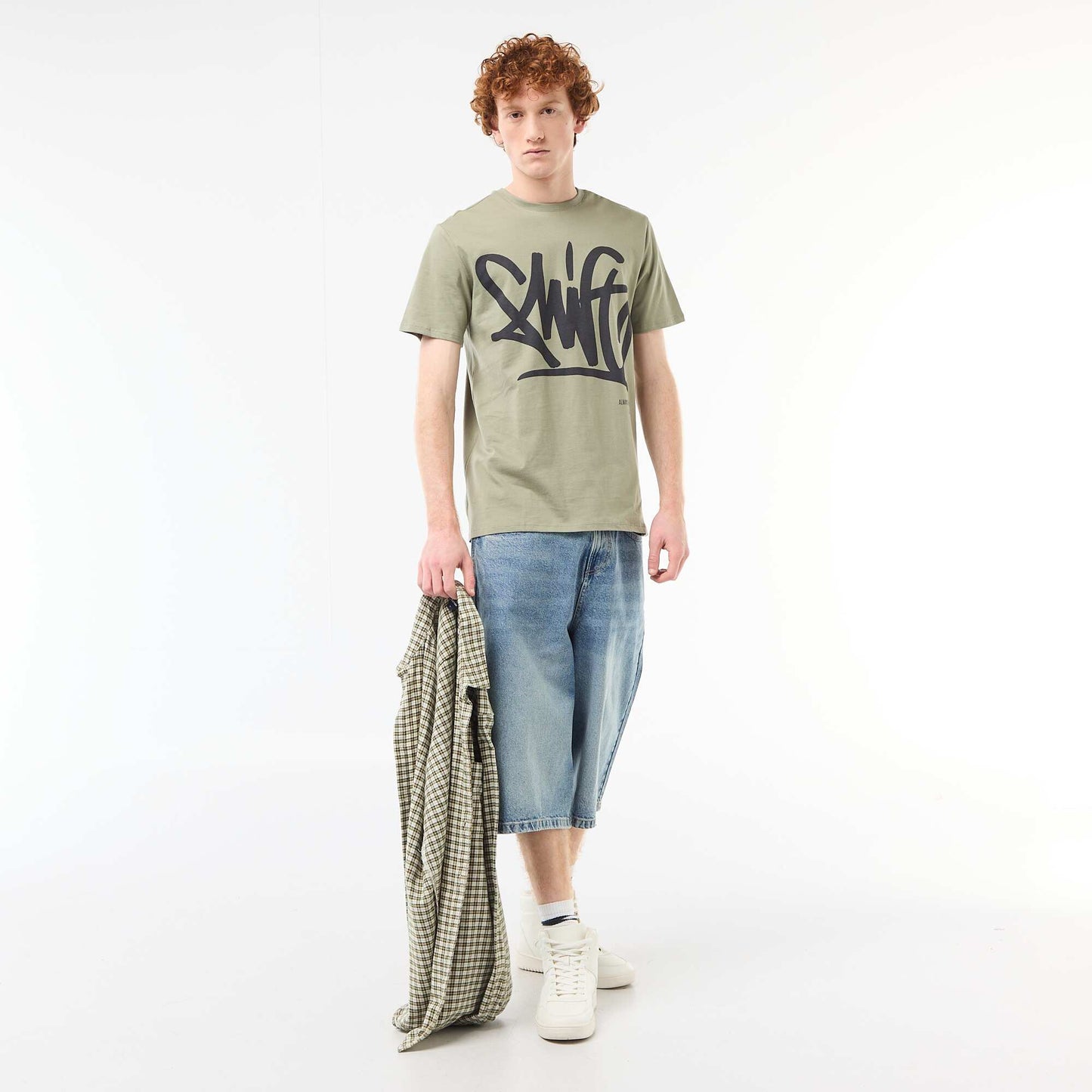Solid Cotton Placement Print T-Shirt GREEN