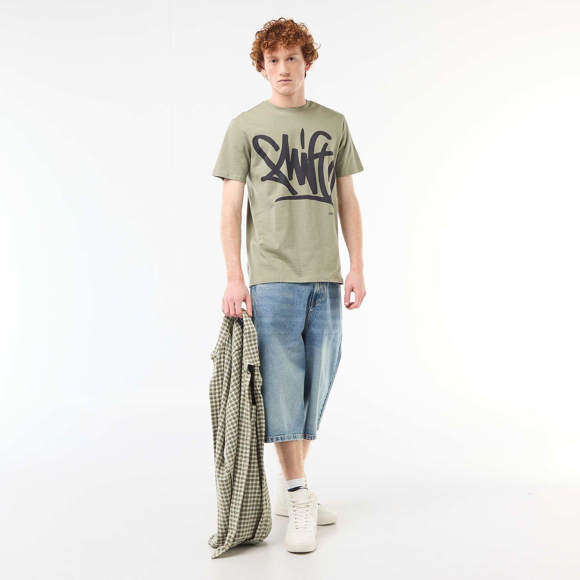 Solid Cotton Placement Print T-Shirt GREEN