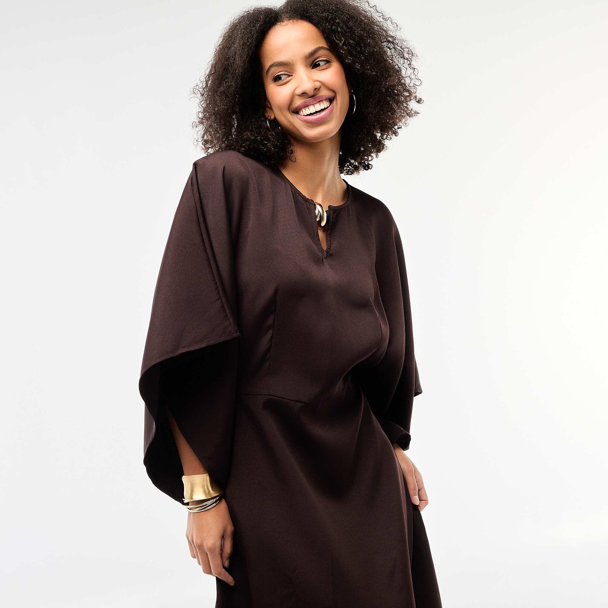 Crepe Knit Maxi Dress with Gold-Tone Jewelry Detail BROWN