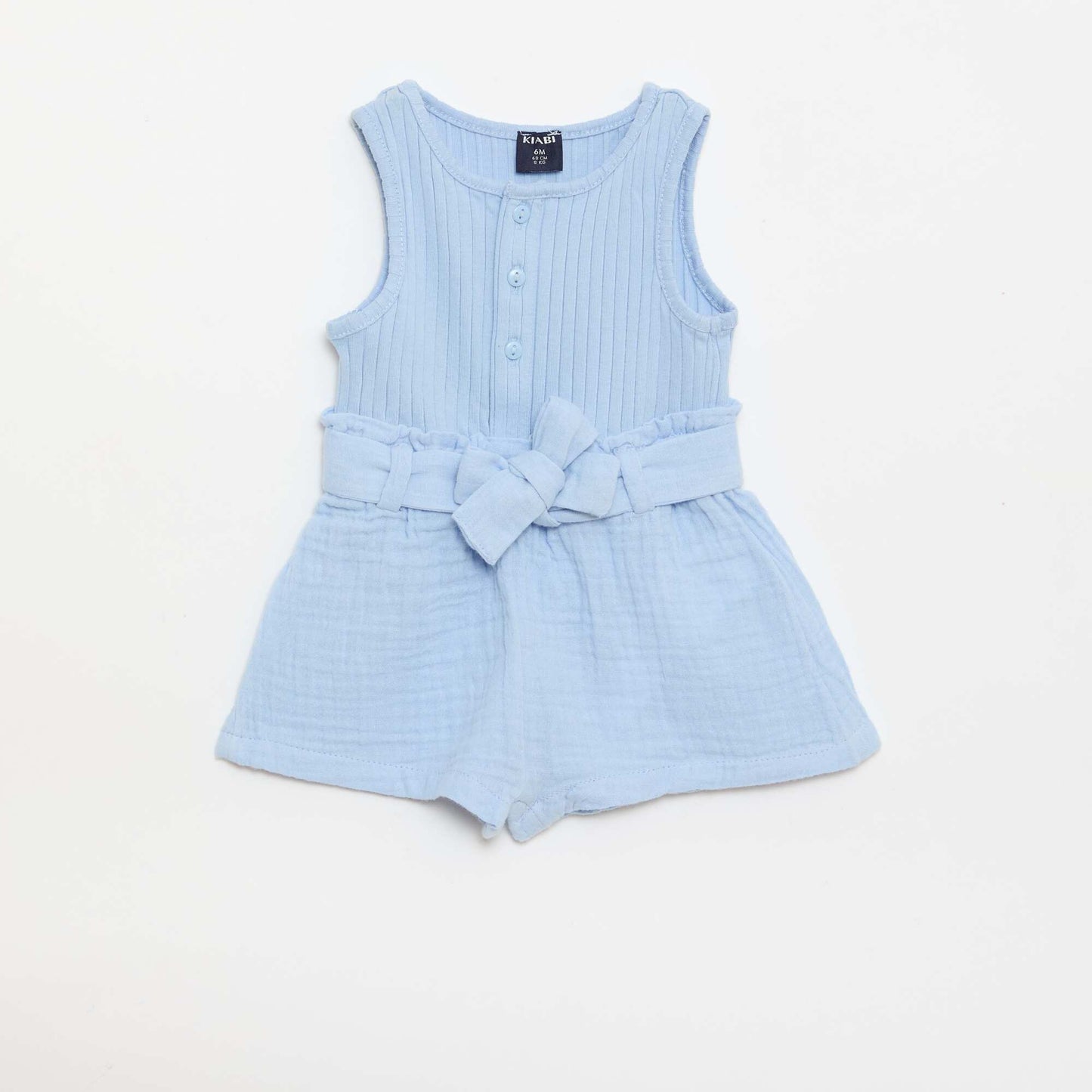 Double cotton gauze romper with tie belt BLUE