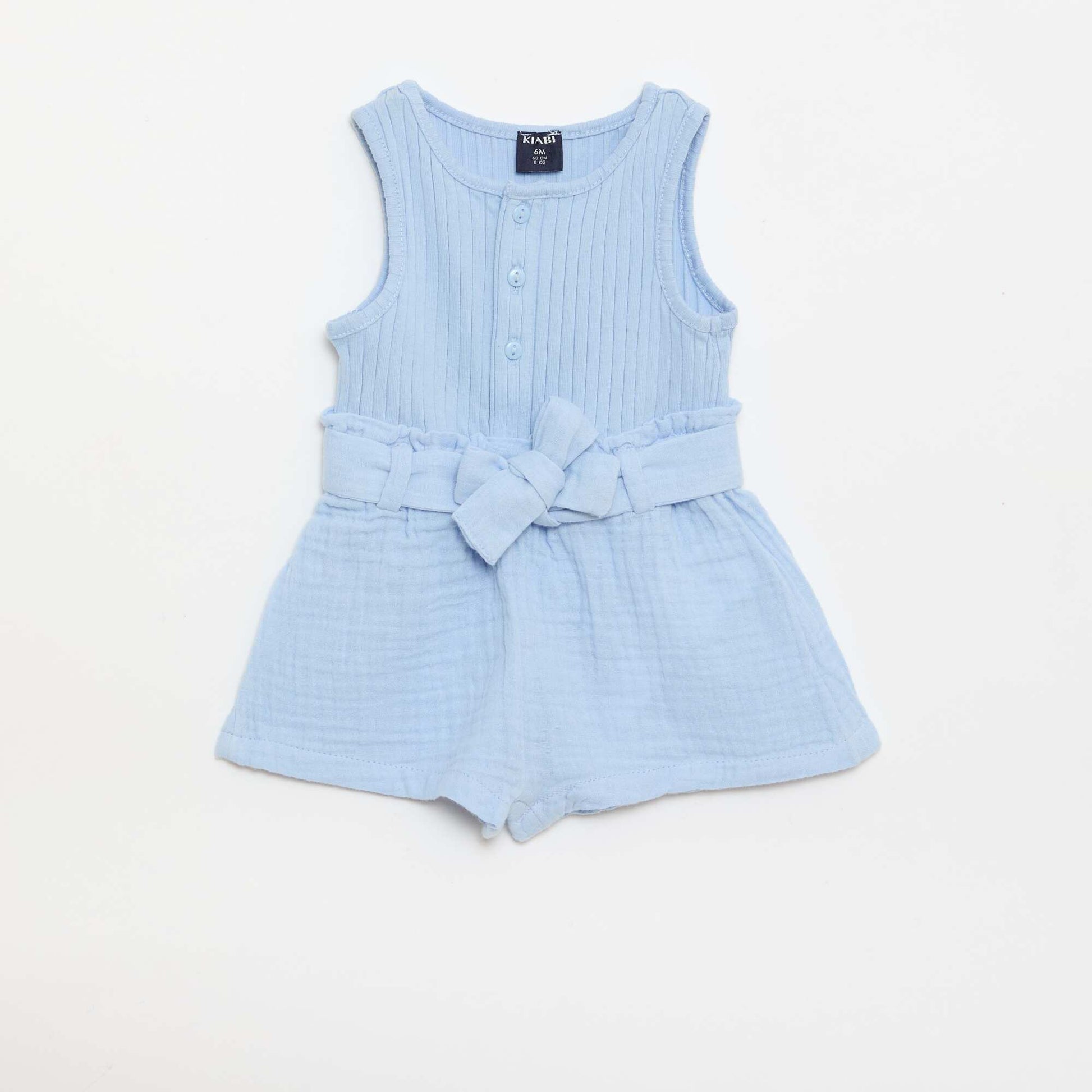 Double cotton gauze romper with tie belt BLUE