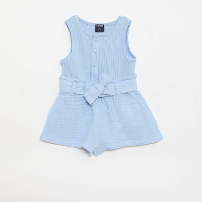 Double cotton gauze romper with tie belt BLUE