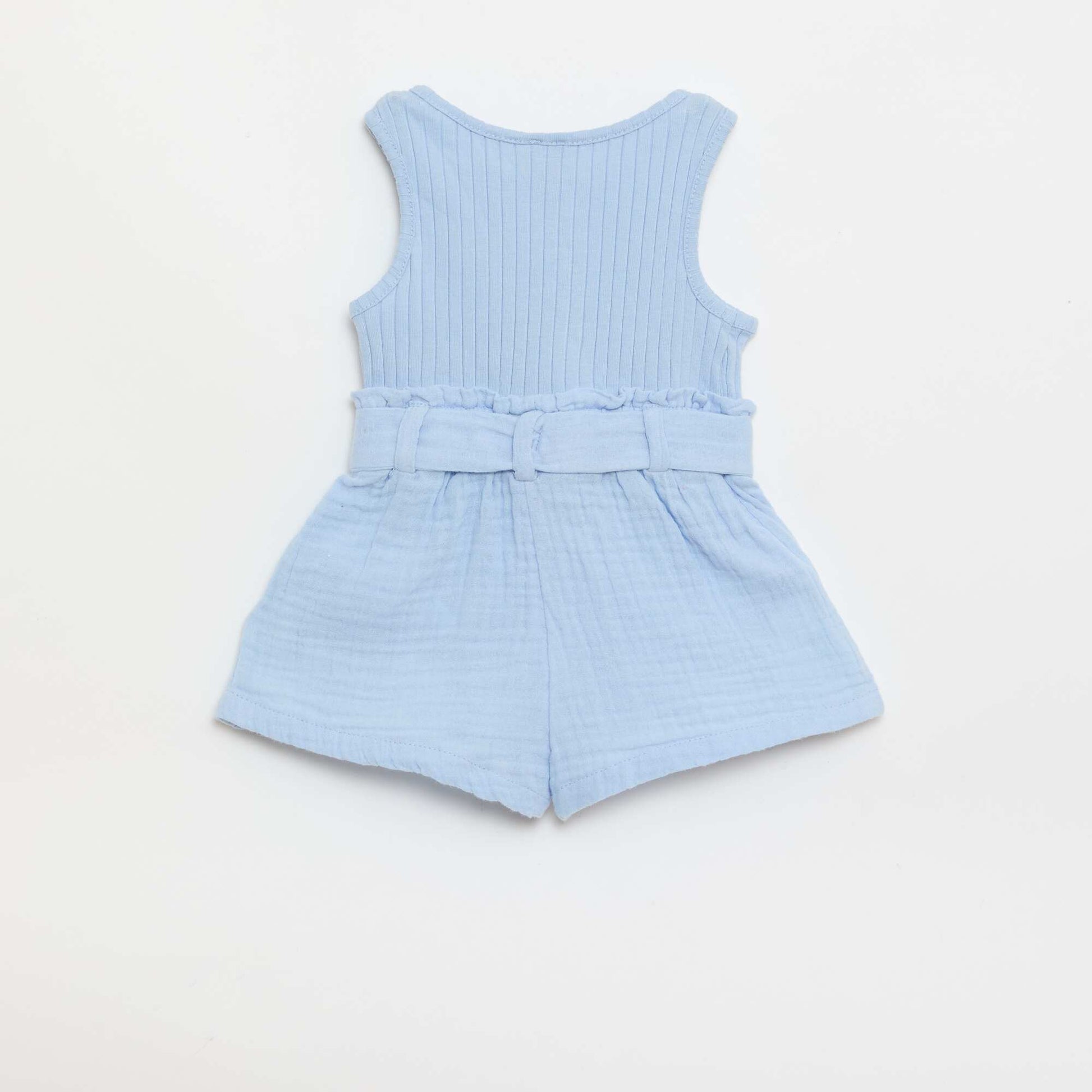 Double cotton gauze romper with tie belt BLUE
