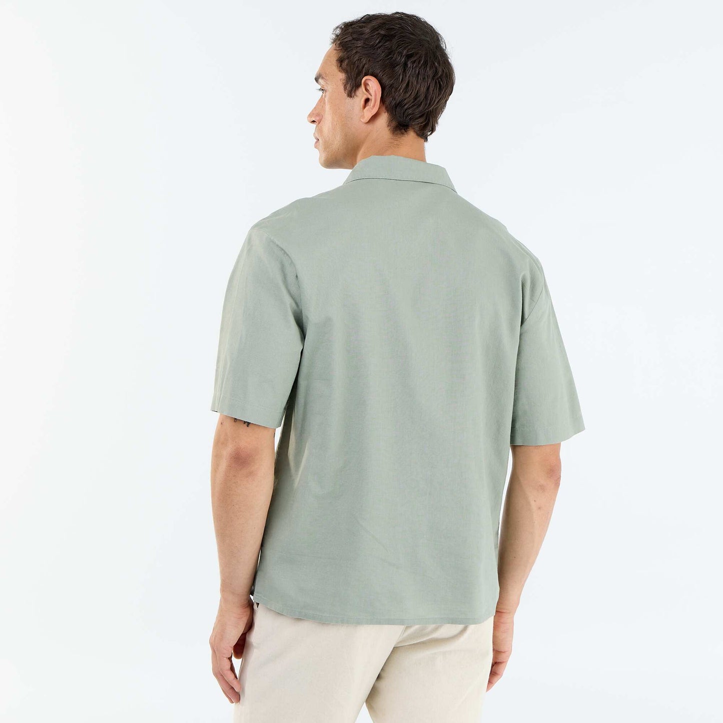 Short-sleeved linen blend shirt with chest pocket GREEN