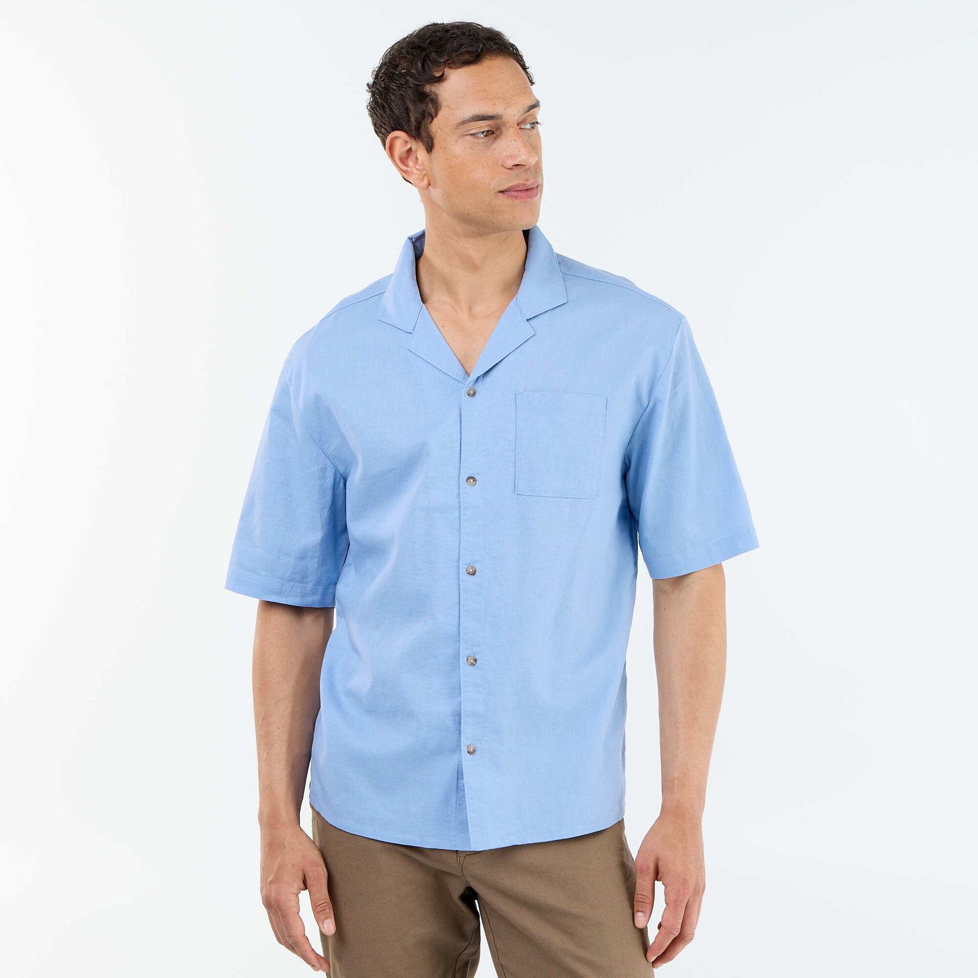 Short-sleeved linen blend shirt with chest pocket BLUE