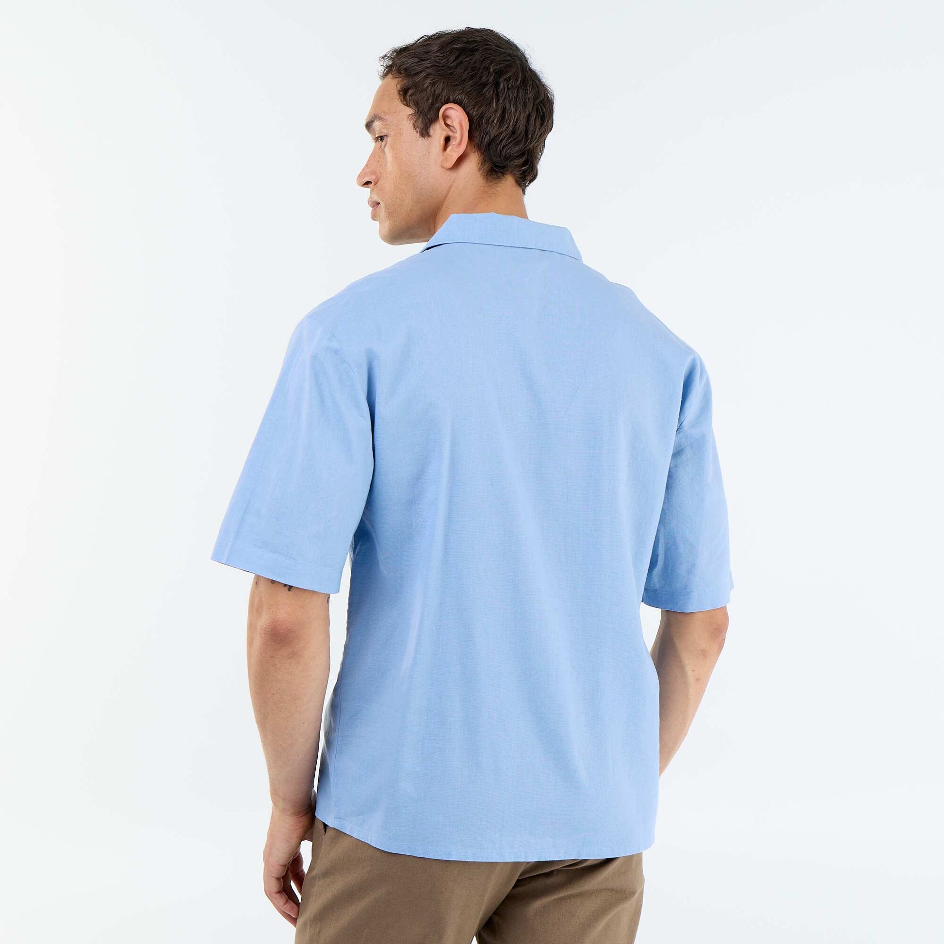 Short-sleeved linen blend shirt with chest pocket BLUE