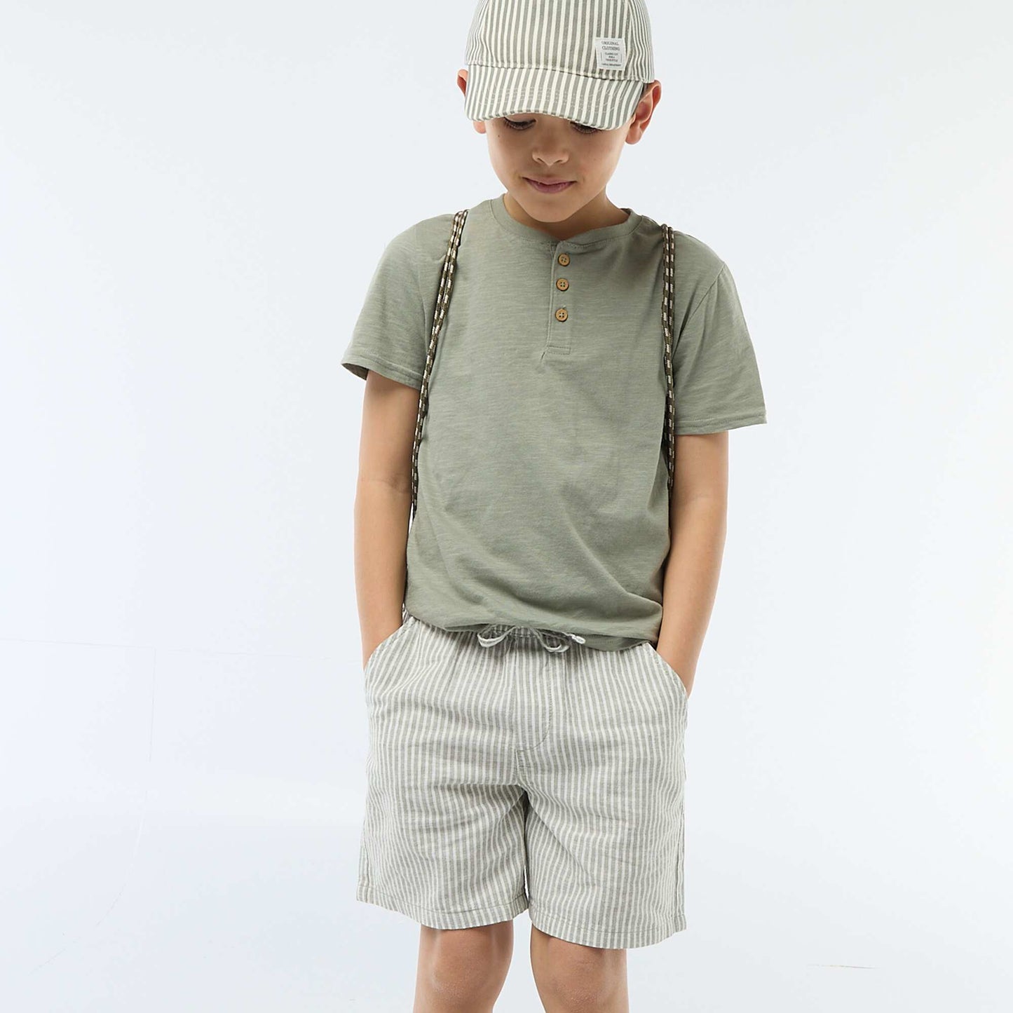 Lightweight Striped Cotton-Linen Shorts KHAKI