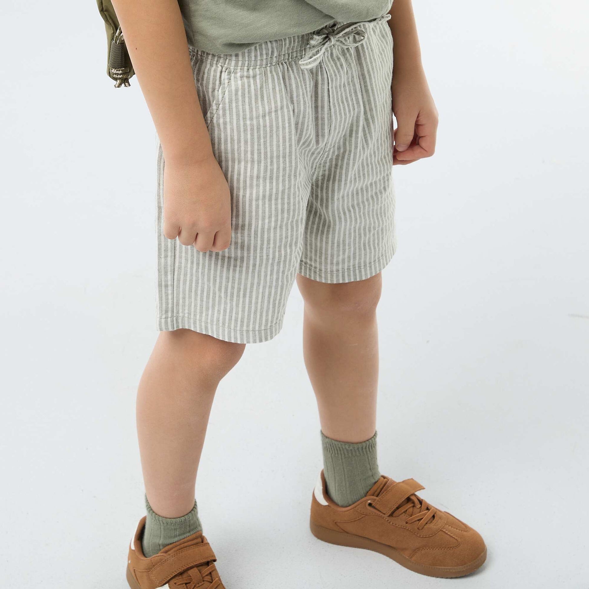 Lightweight Striped Cotton-Linen Shorts KHAKI