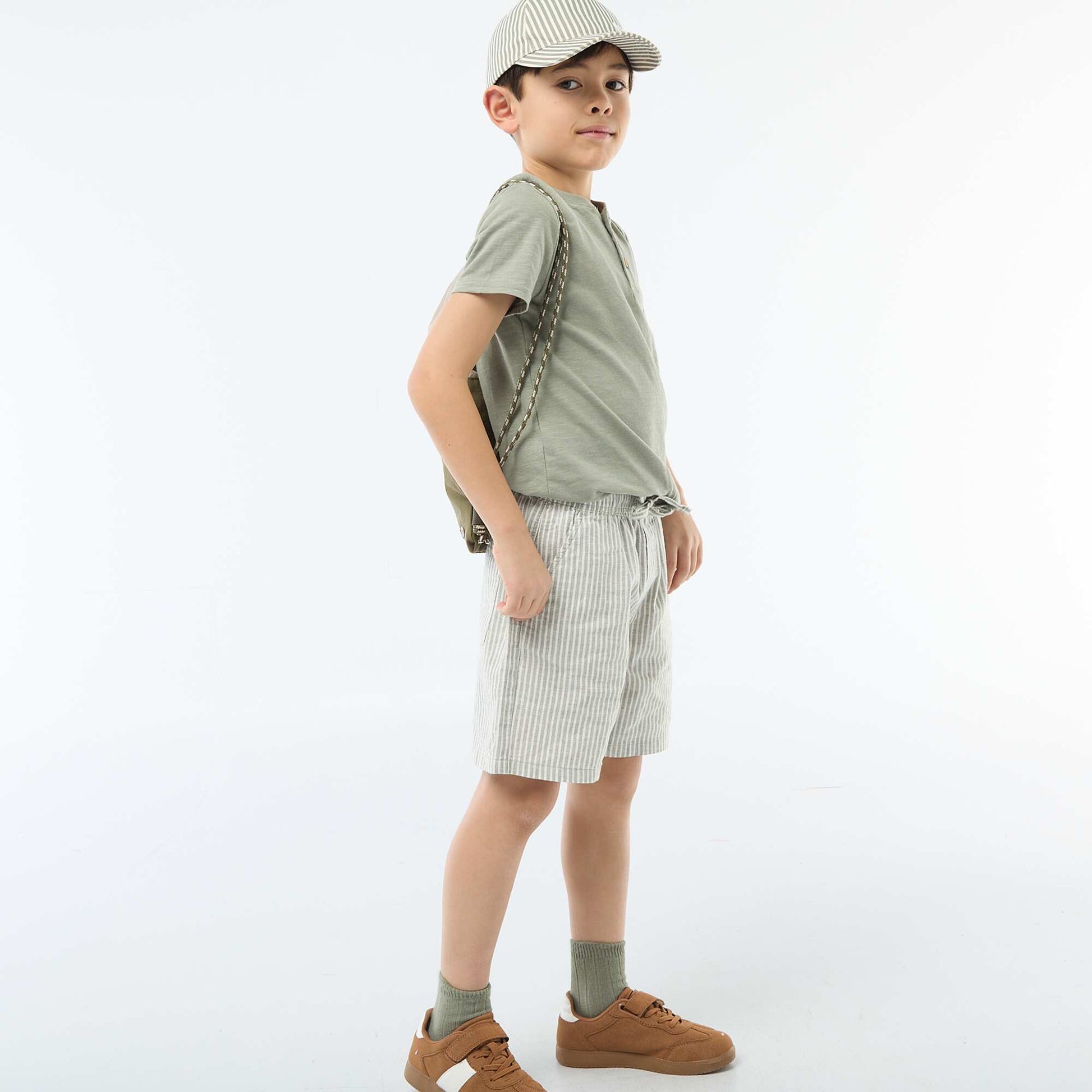 Lightweight Striped Cotton-Linen Shorts KHAKI