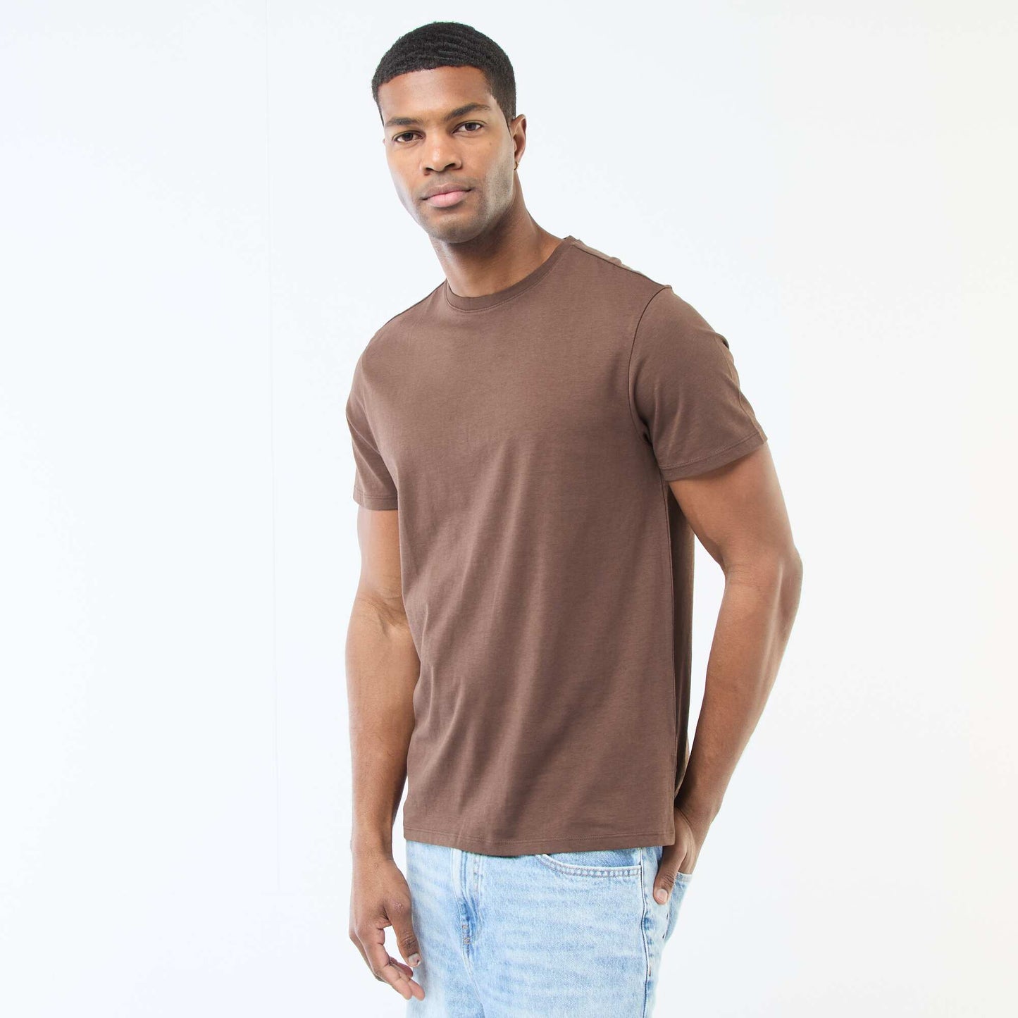 Plain jersey straight T-shirt BROWN
